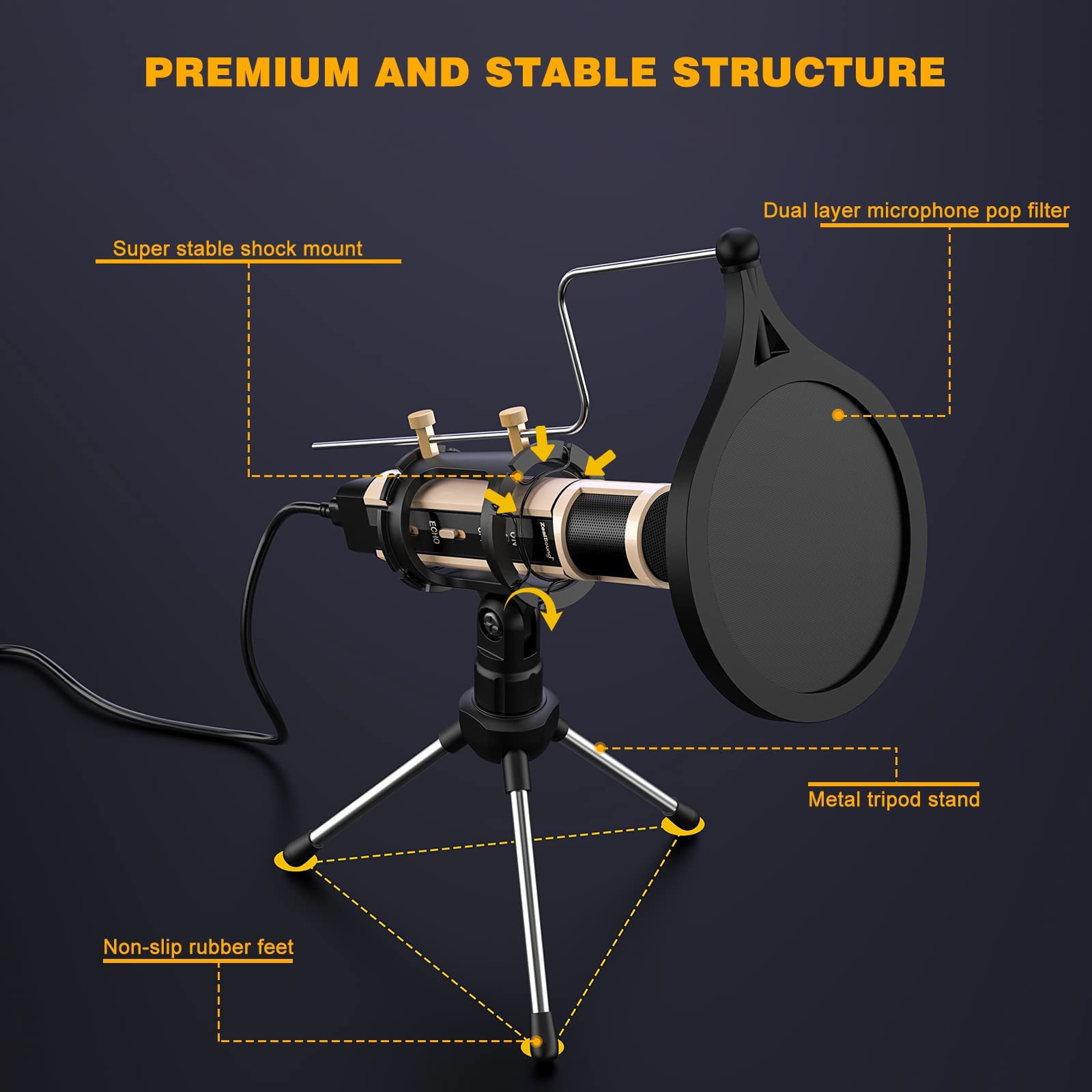 ZealSound Condenser Microphone with USB & 3.5mm, Type-C Adapter, Pop Filter, Tripod Stand - Gold, Model k08-u for Streaming & ASMR