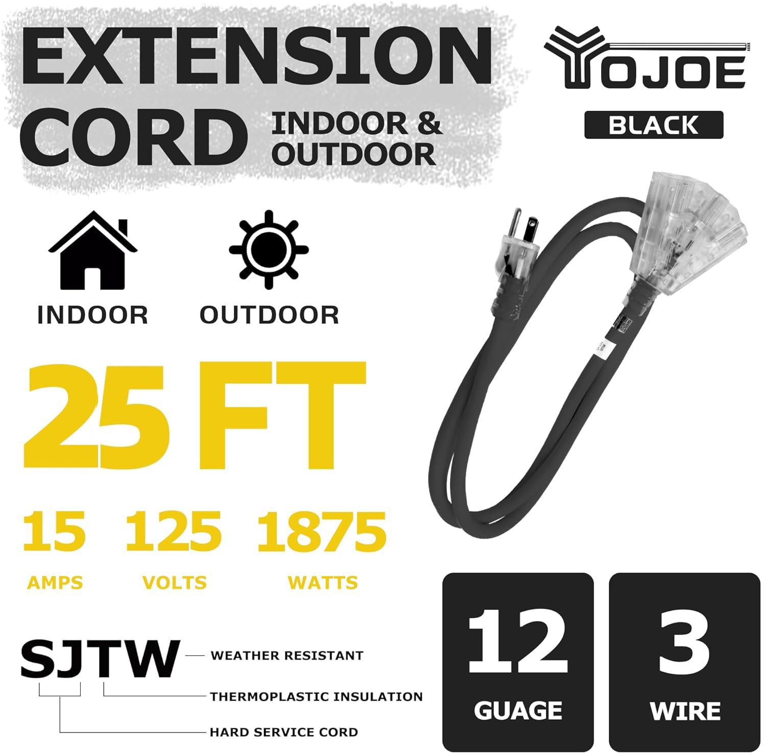 Yojoe 3 Outlets Indoor Outdoor Extension Cord With Lighted End, 3 Prong 15A Weatherproof Power Cord, 12 Gauge Heavy Duty 25 Ft B
