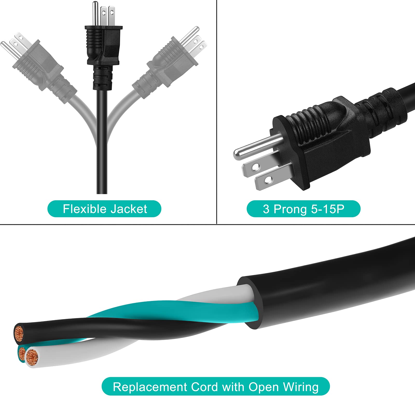 Lakczio 10 Ft 14 Awg 3 Prong Replacement Power Cord, 15 Amp 14 Gauge 3 Conductor Wire Extension Cable With Pigtail Open Wiring E