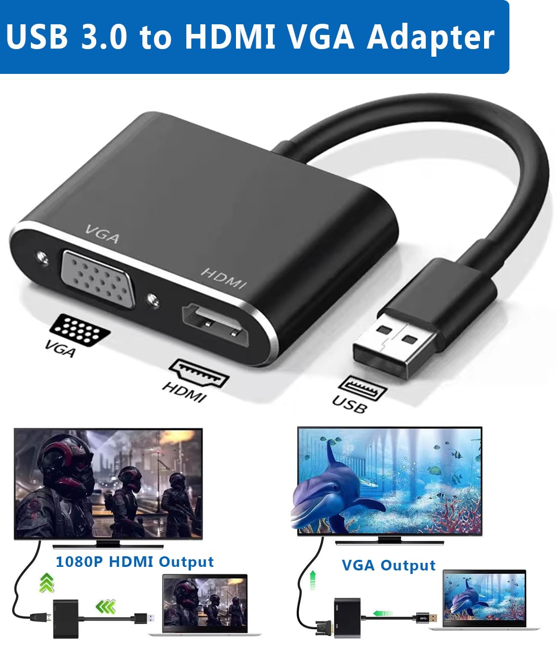 Usb To Hdmi Vga Adapter, 1080P Usb 3.0 To Hdmi+Vga Converter With Audio & Video Simultaneously, Compatible With Win Xp 7/8/10/11
