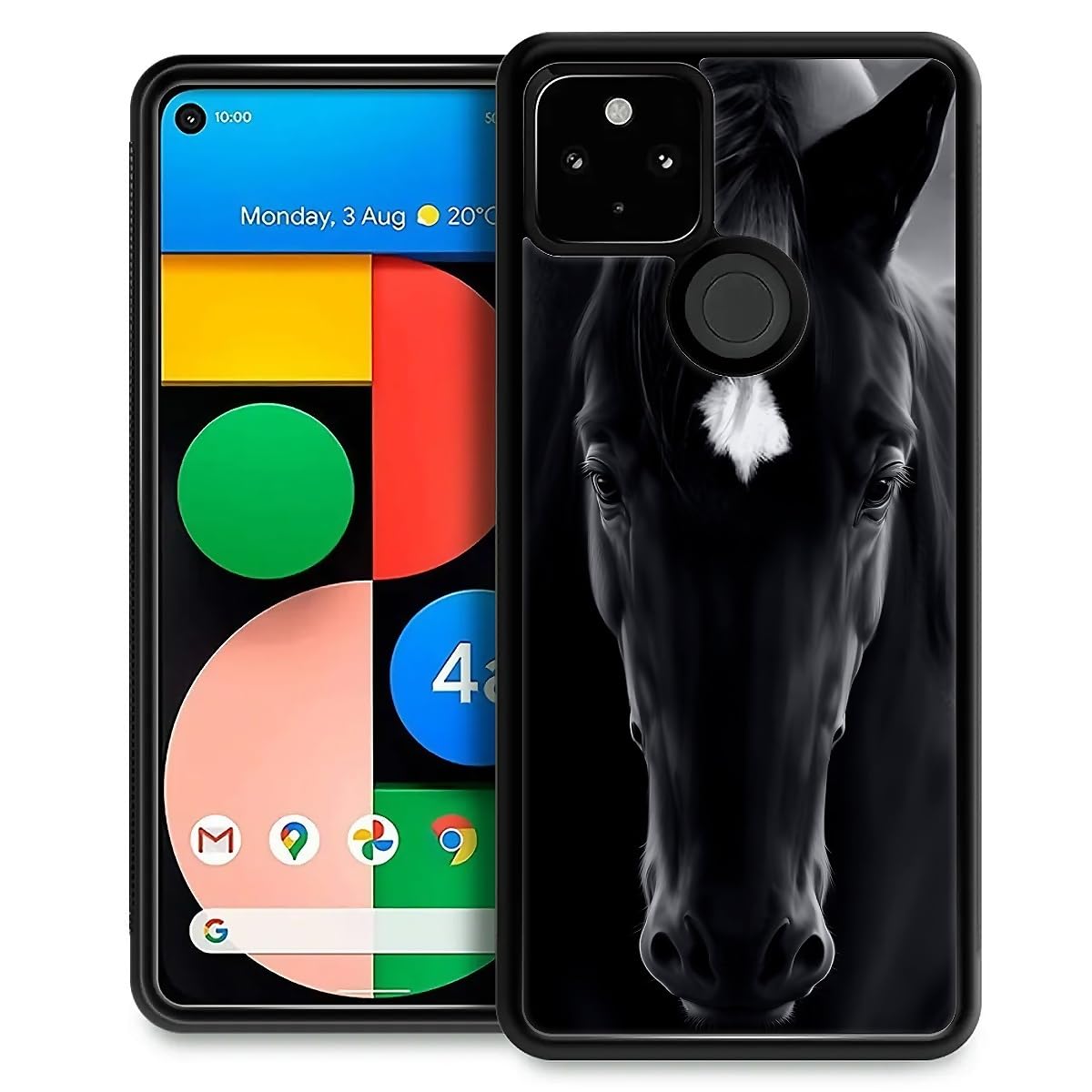 Fkbrcl4U For Google Pixel 5 Case, Cool Black Horse Face Pattern Graphic Design Girl Boy Soft Silicone Hard Acrylic Shock Protect