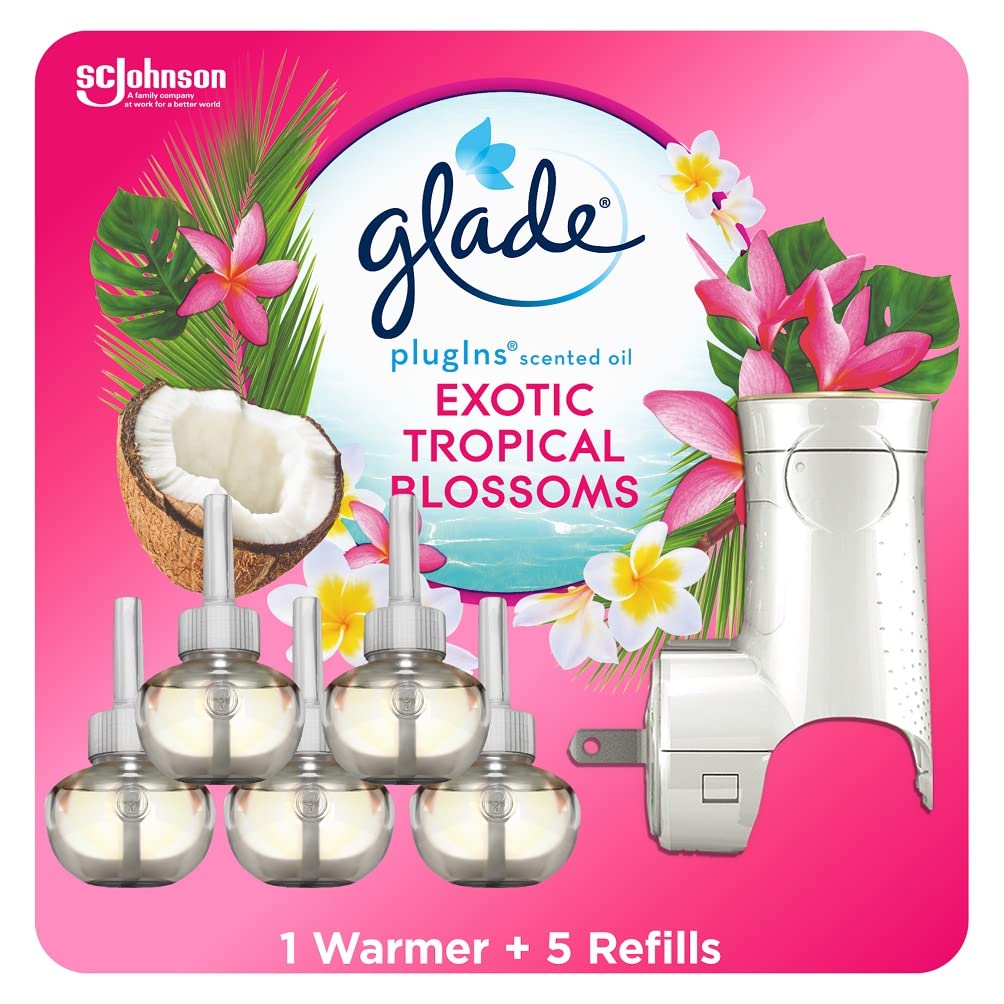 Glade Plugins Refills Air Freshener Starter Kit, Scented And Essential Oils For Home And Bathroom, Tropical Blossoms, 3.35 Fl Oz