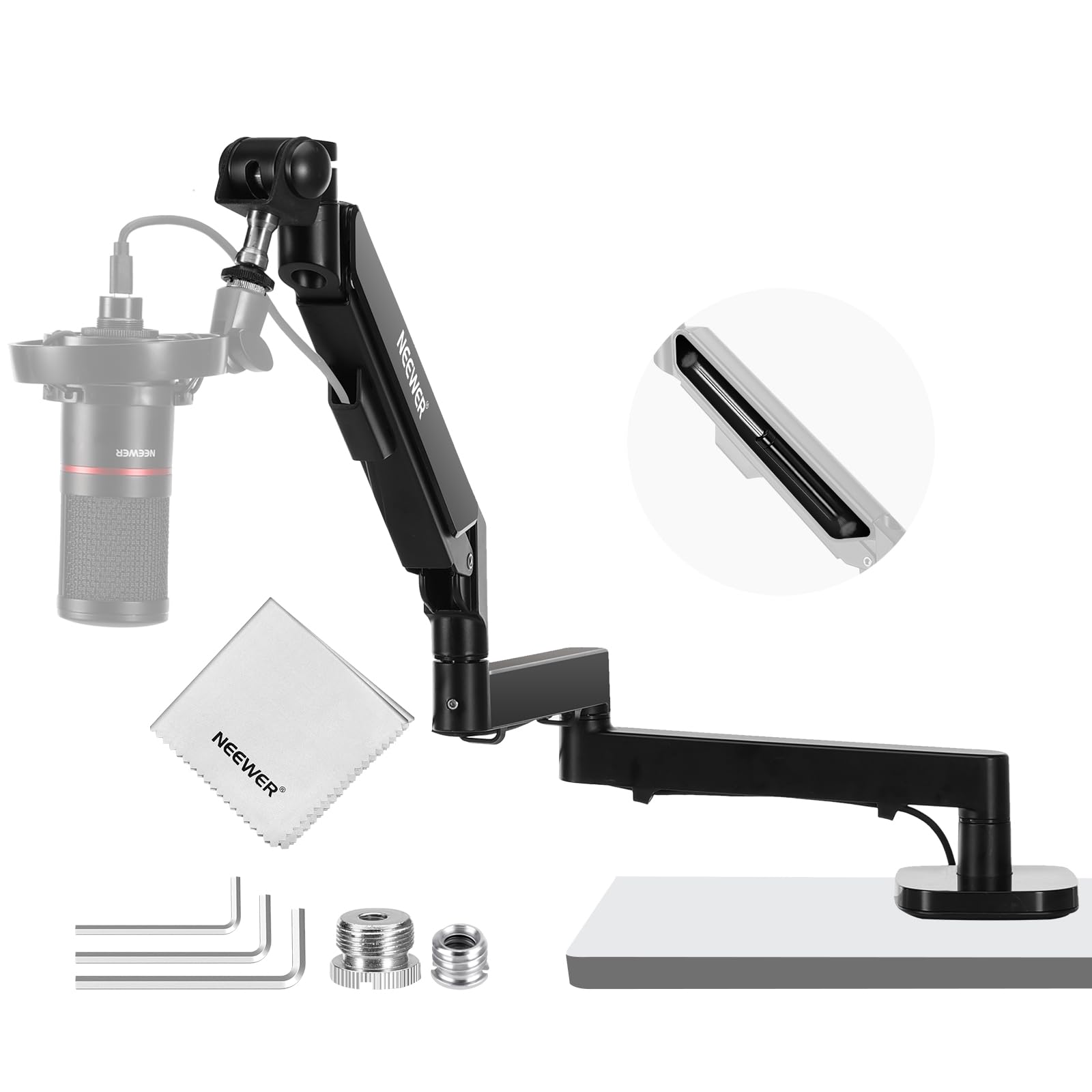NEEWER MS002 Low Profile Desk Mic Boom Arm Stand with 360 Swivel Adjustable Pneumatic Damping Cable Management Cleaning Cloth, D