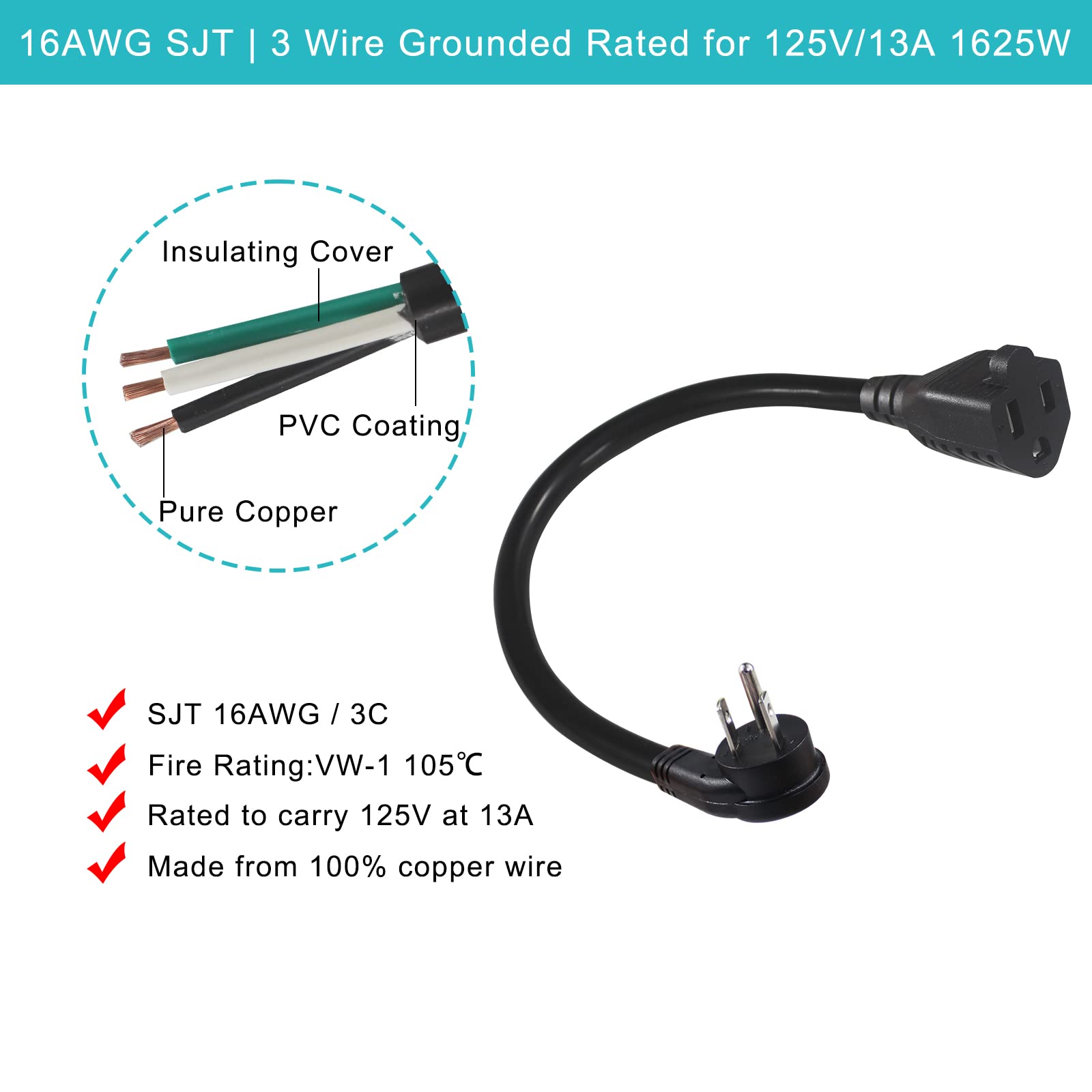 [1 Pack] 8Inch Flat Plug Short Power Extension Cord   Black Low Profile Flat Plug Short 3 Prong Grounded Indoor Extension Cord,1