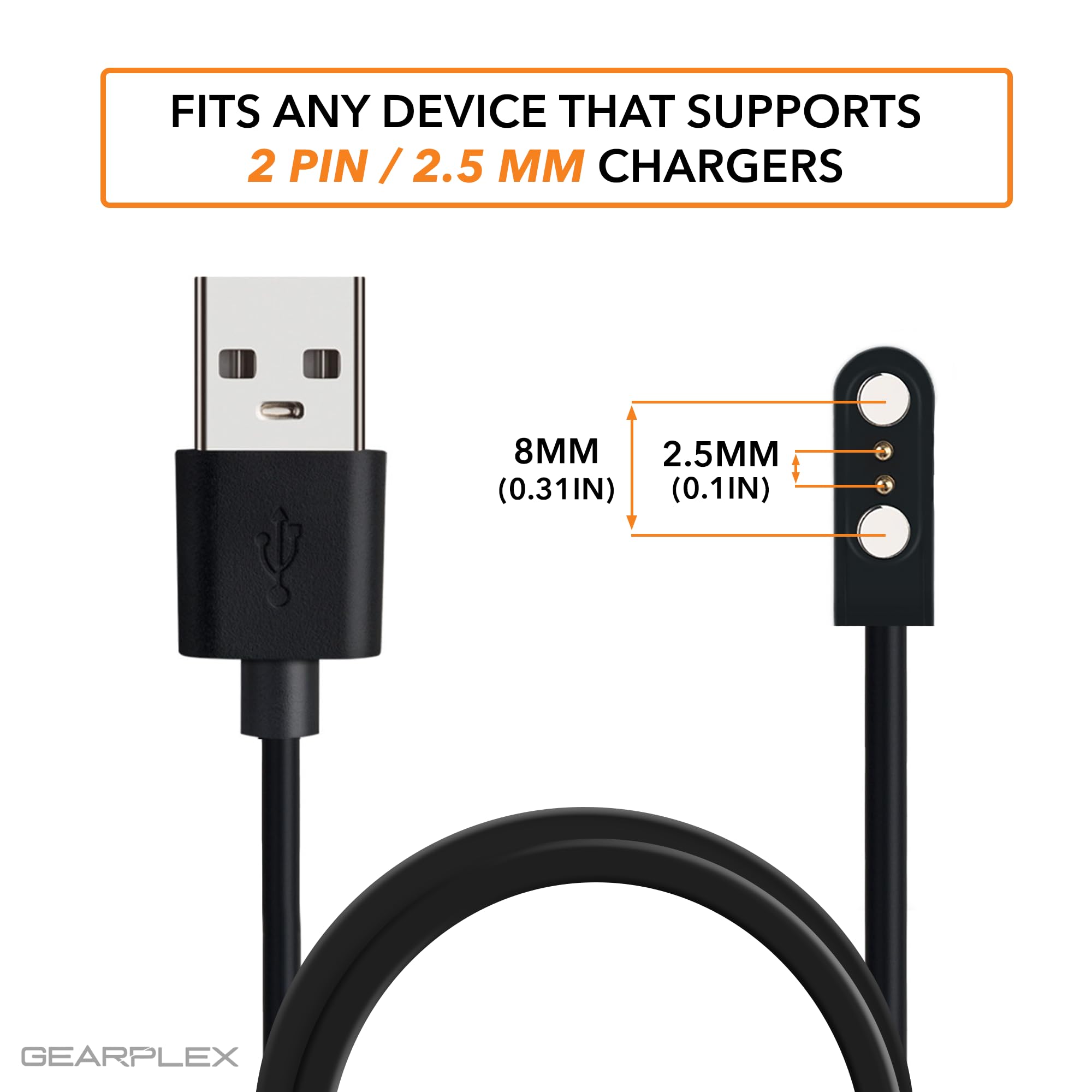 Gearplex Charging Usb Cable (2 Pin Magnetic) For Smart Watch Bluetooth Devices Black (Size- 2.5 Mm- 2 Pack)