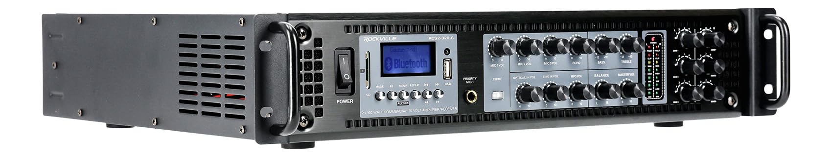 Rockville Rcs2 320 6 320W 6 Zone Stereo/Mono Commercial 70V Amplifier, Bluetooth, Usb/Sd, Optical Input, Perfect For Restaurants