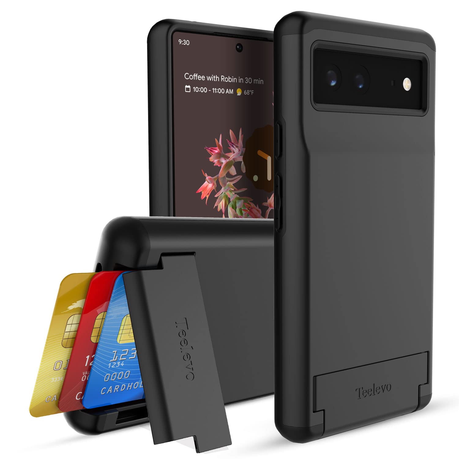 Teelevo Dual Layer Wallet Case For Google Pixel 6, Protective Case With 3 Card Storage For Google Pixel 6   Black