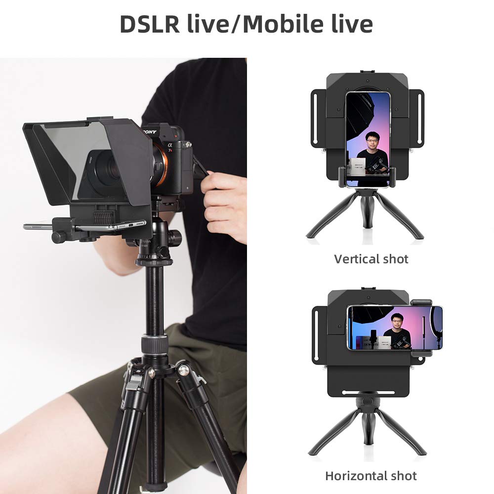 Ambitful Teleprompter 7.5'' With Tabletop Tripod For Smartphone And Dslr Camera, Adjustable Phone Clip & Camera Adapting Ring, F