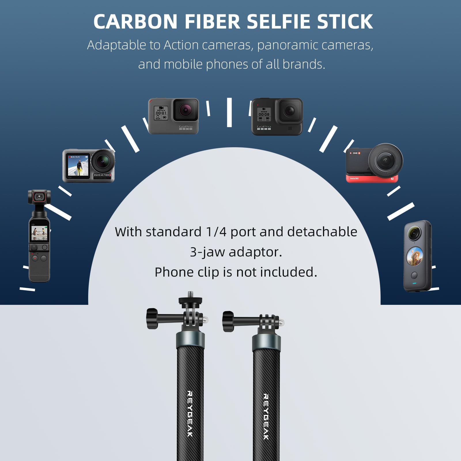 Reygeak 59 Inch Selfie Stick Long Invisible Pole For Gopro 13 Carbon Fiber Waterproof Extension Monopod For Gopro Hero 13/12/11/