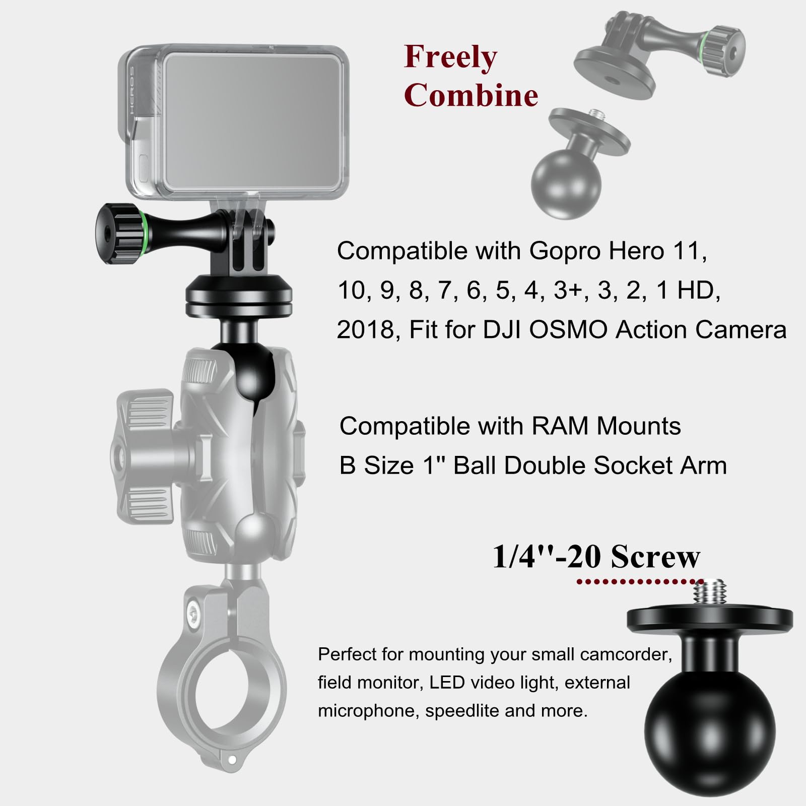 Brcovan Aluminum Alloy Tripod Mount Adapter With 1'' Ball & Camera 1/4' 20 Thread, Compatible With Ram Mounts B Size 1 Inch Ball Double Socket Arm, Suitable For Action Camera/Camcorder/Field Monitor