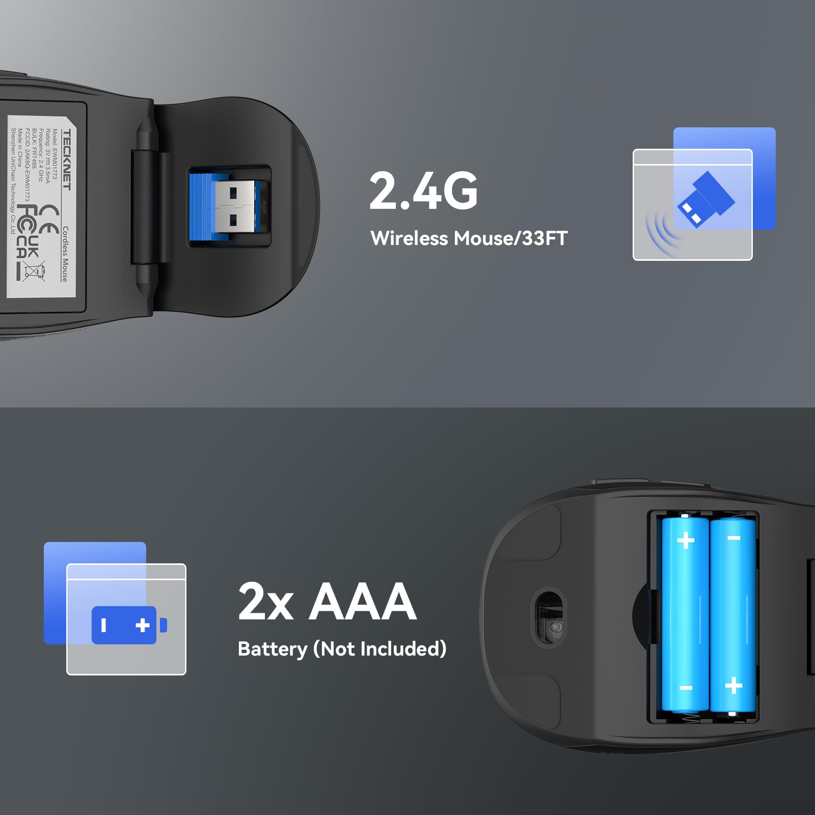 Tecknet Folding Wireless Mouse, 2.4G Travel Mouse With Usb Receiver, Wireless Mouse For Laptop, Notebook, Pc, Computer, Portable Mouse 3 Adjustable Dpi 2000/1500/1000, 24 Months Battery Life