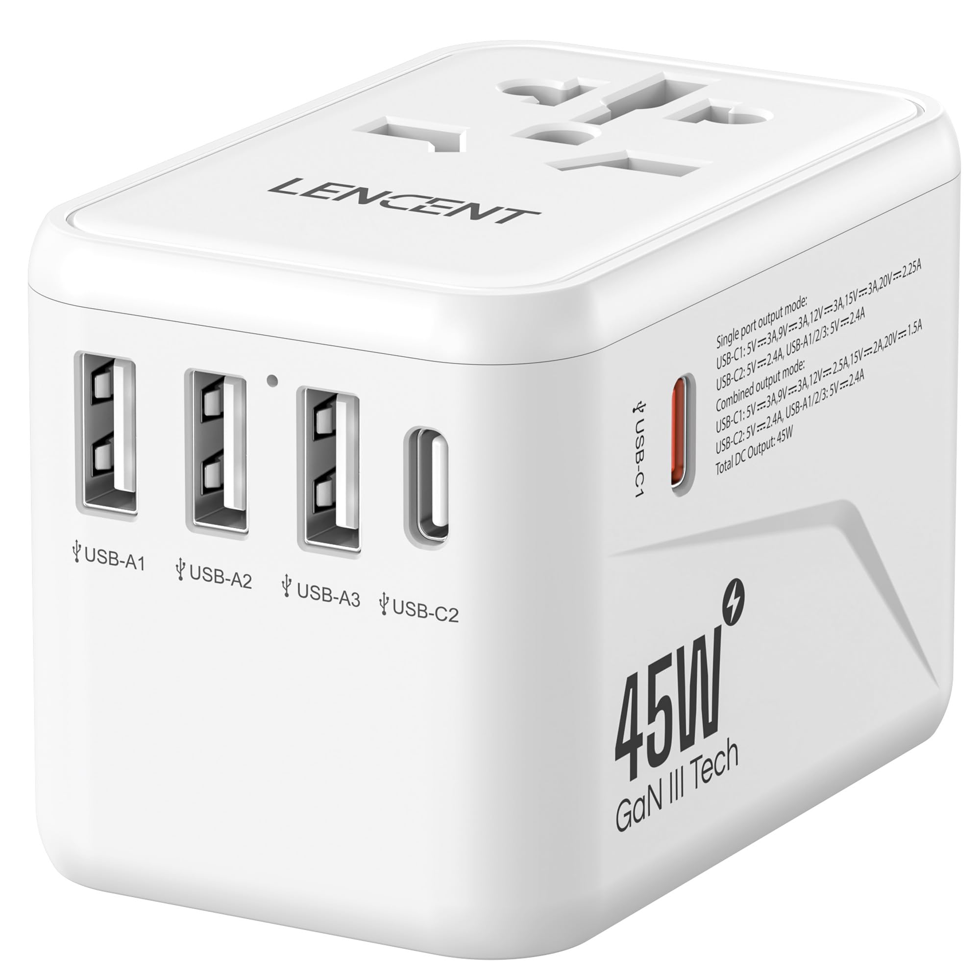 Lencent Universal Travel Adapter, Gan Iii 45W International Charger With 3 Usb Ports & 2 Usb C Pd Fast Charging Adaptor, Worldwi