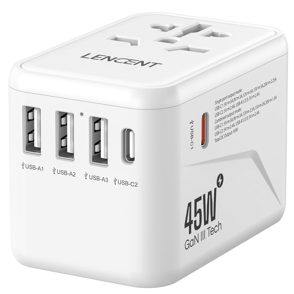 Lencent Universal Travel Adapter, Gan Iii 45W International Charger With 3 Usb Ports & 2 Usb C Pd Fast Charging Adaptor, Worldwi