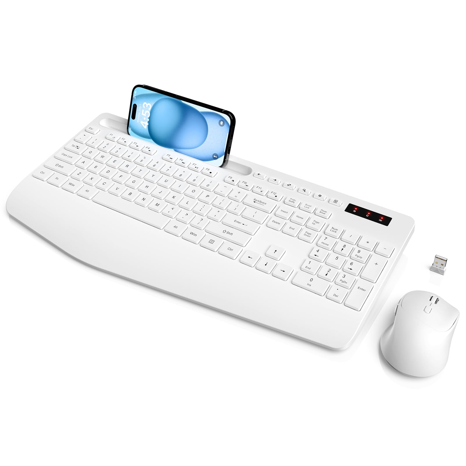 Sablute Wireless Keyboard And Mouse With Ergonomic Wrist Rest, Phone Holder, 2.4G Lag Free Keyboards Combo, Silent Cordless Set