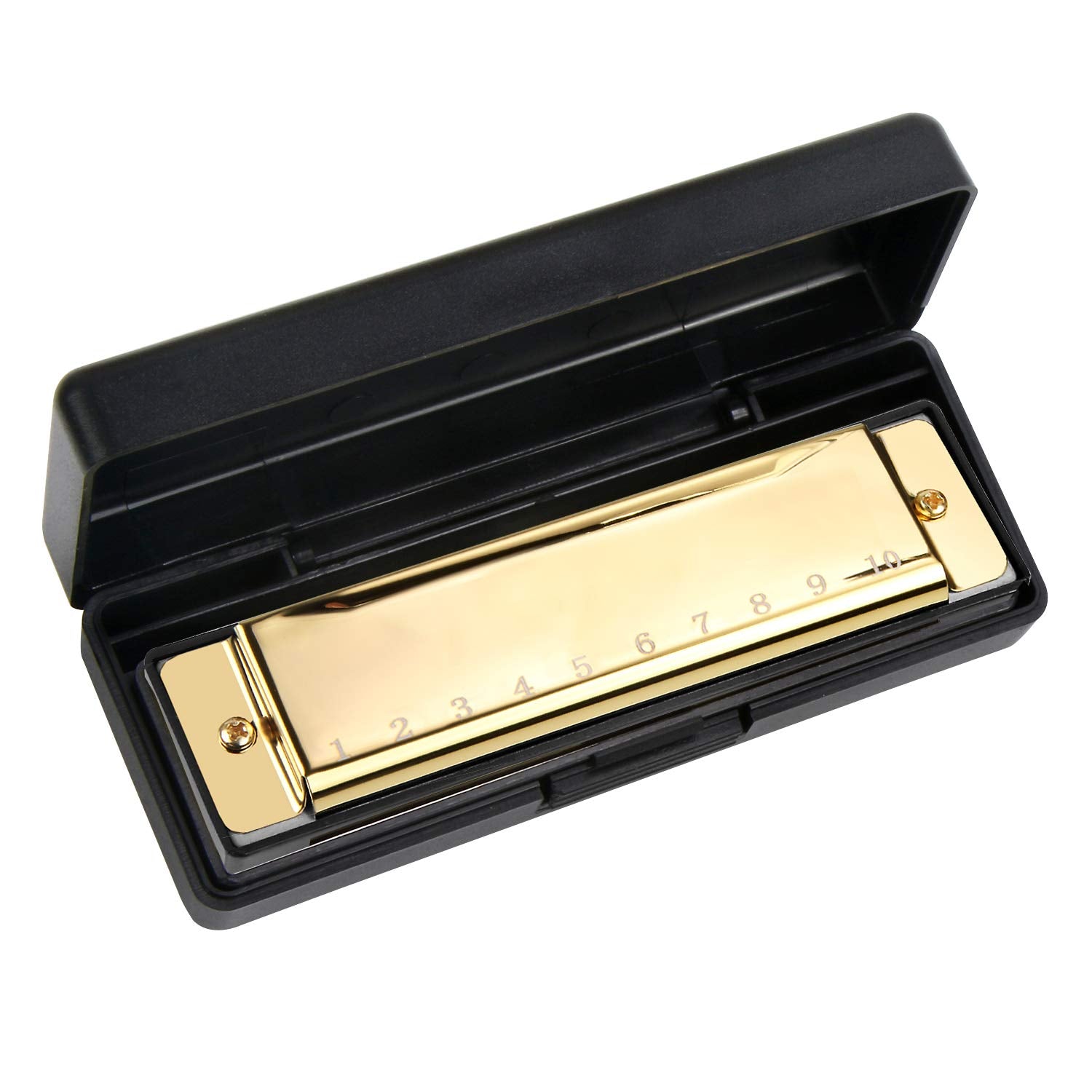 Upins 4Pcs Key Of C 10 Hole 10 Tones Titanium Color Harmonica With Case For Beginner(Gold, Silvery, Black, Red)