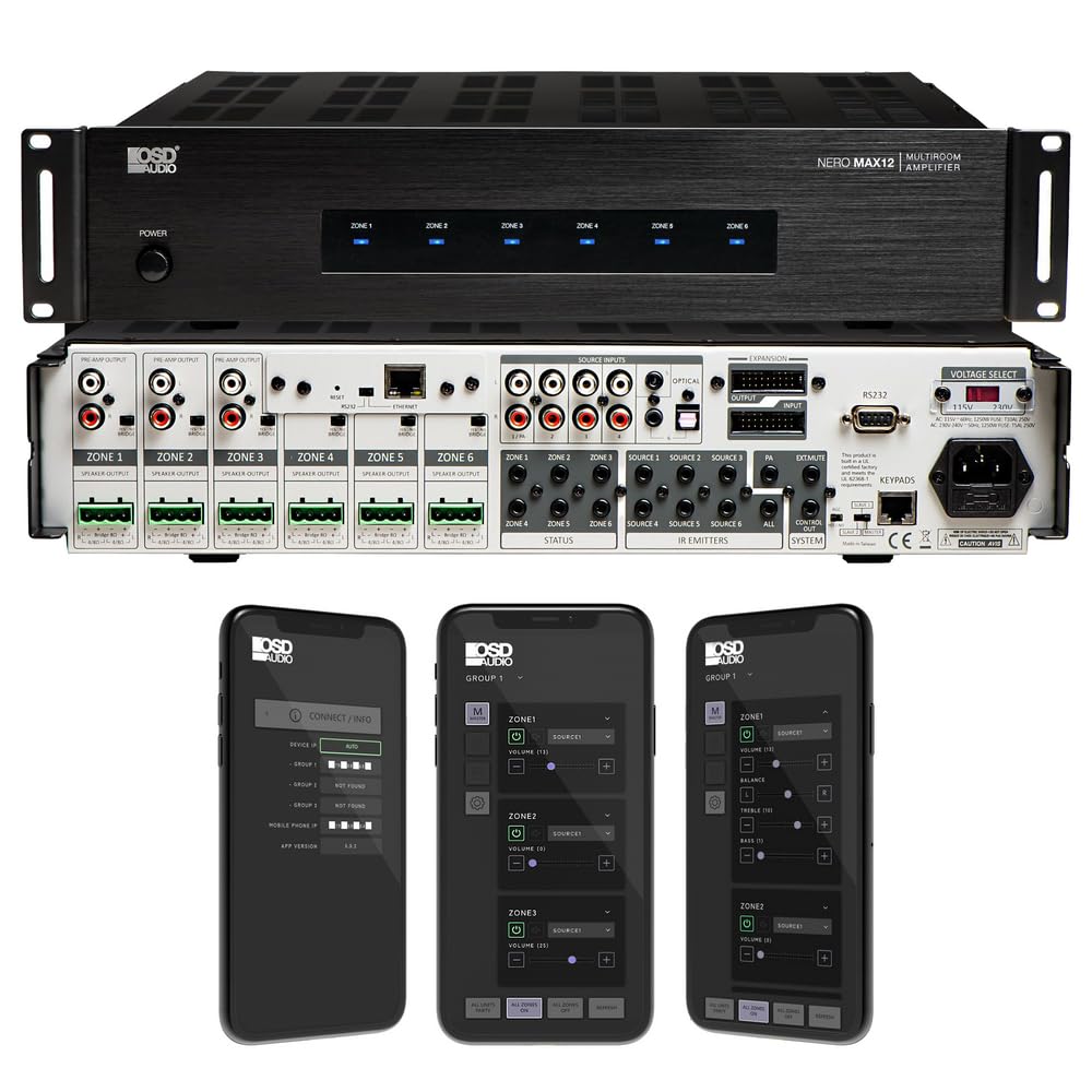 OSD Nero Max12: 6 Zone, 6 Source Amplifier 80W Power, Multi Room Audio Control, App Integration for iOS & Android, Expand up to 18 Zones, Control4 Driver Support