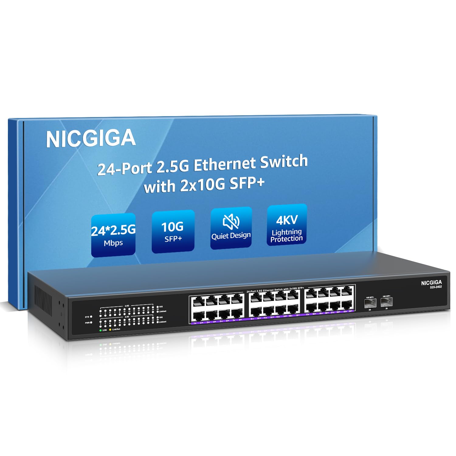 24 Port 2.5G ? 2 Port 10G Sfp+ Ethernet Switch, Nicgiga 26 Port 2.5Gb Network Switch Unmanaged, Plug & Play, Desktop Or 19 Inch