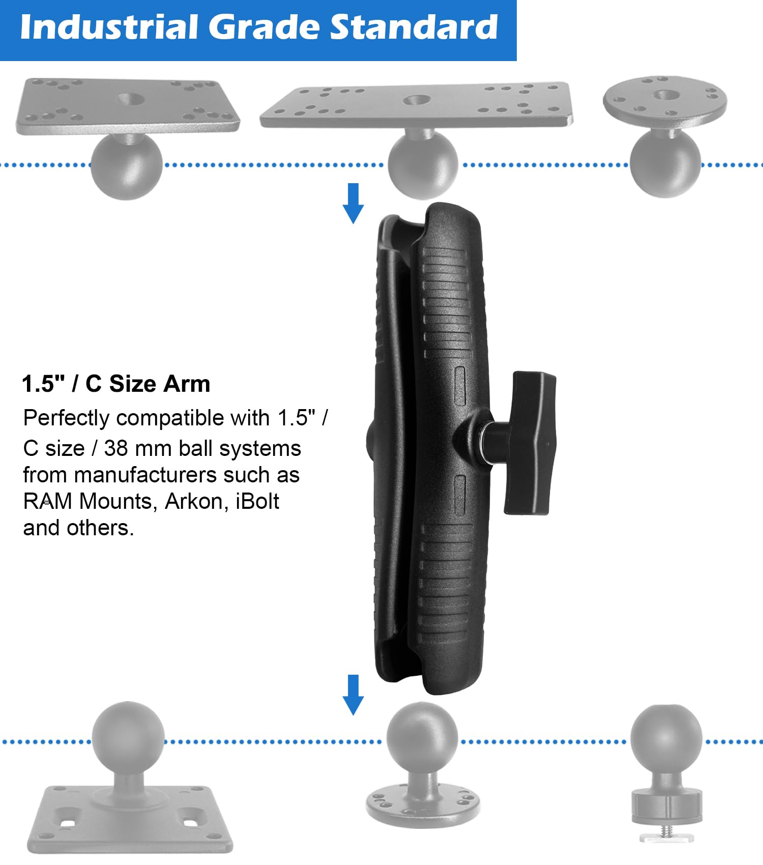 Windfrd Aluminum 9.1'' Long Double Socket Arm For 1.5 Inches/C Size / 38Mm Ball Accessories, Powerful Clamp, Heavy Duty, Compati
