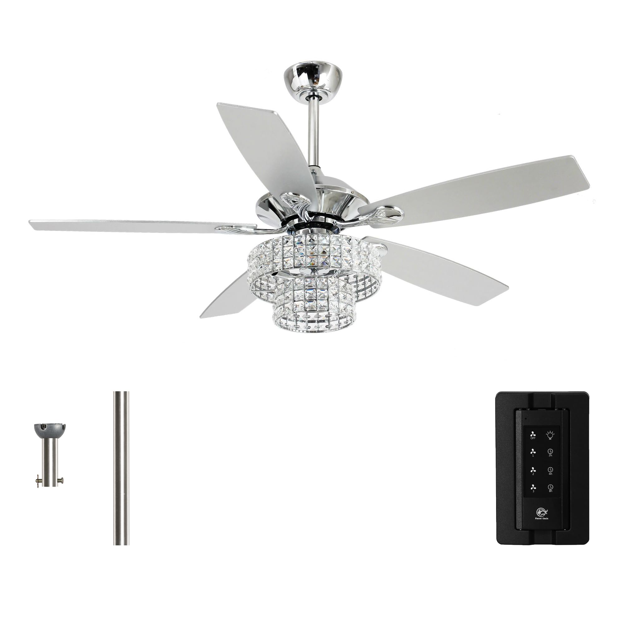 Parrot Uncle Ceiling Fans with Lights and Remote 52 Inch Bedroom Ceiling Fan with Light Crystal Chandelier Fans, Reversible Moto