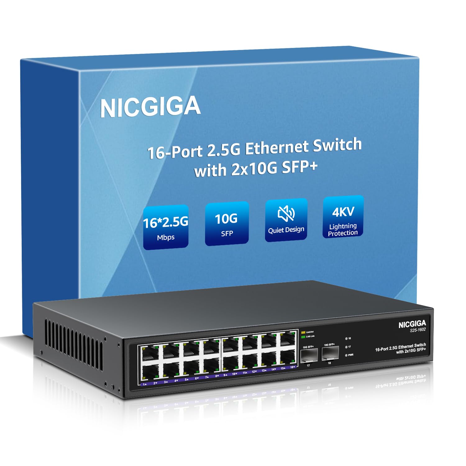 16 Port 2.5G ? 2 Port 10G Sfp+ Ethernet Switch, Nicgiga 18 Port 2.5Gb Network Switch Unmanaged, Plug & Play, Desktop Or 19 Inch