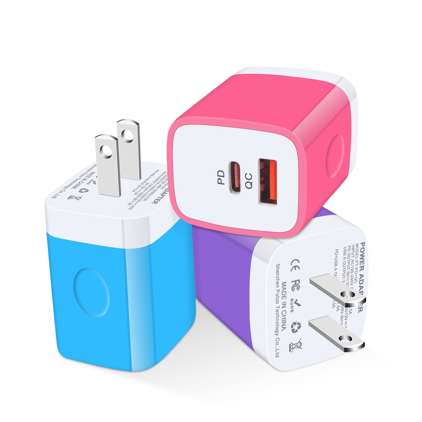 Usb C Wall Charger, 2 Ports 20W Usb A And Usb C Charger Block [Pd/Qc 3.0], 3Pack Usb C Power Wall Plug Adapter Brick For Iphone