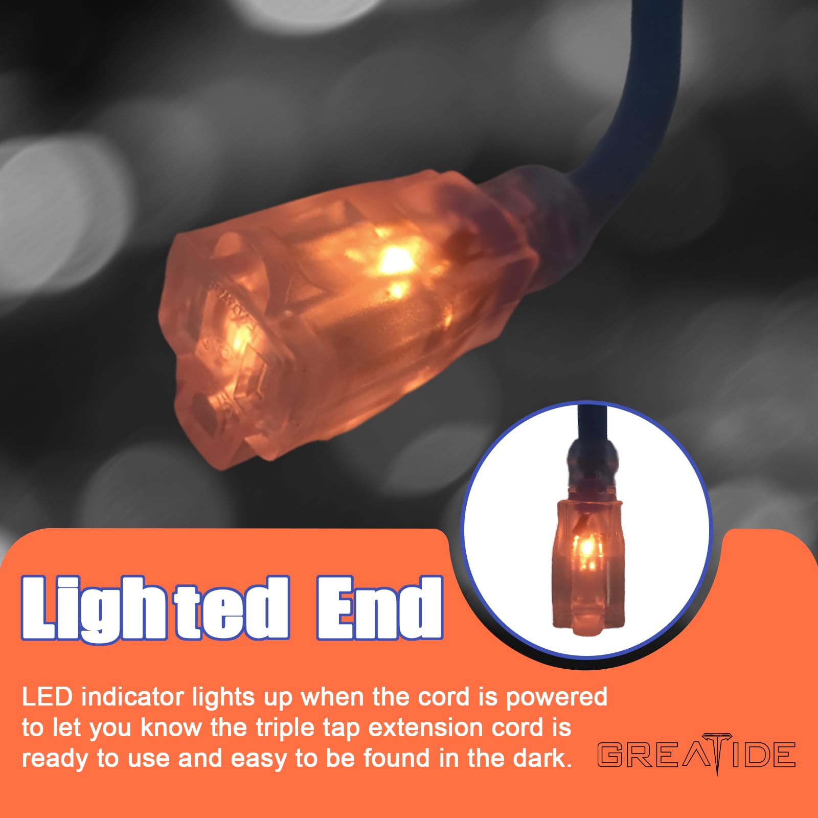 Greatide Outdoor Extension Cord With Lighted End, 12 Gauge Heavy Duty Extension Cord 10 Ft, 3 Prong Grounded 15 Amp Extension Co
