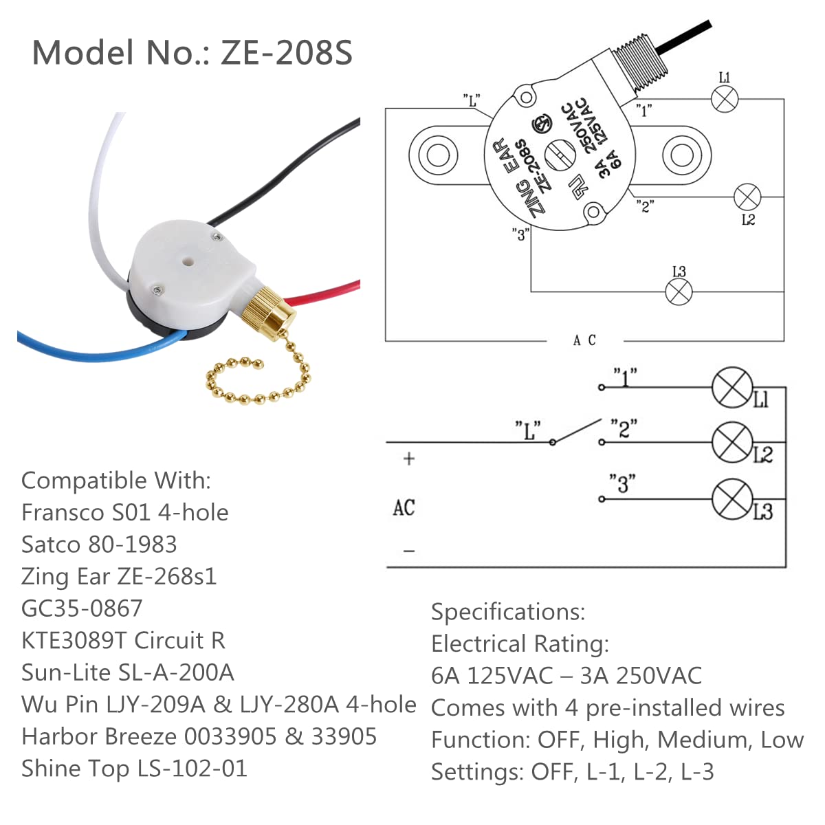 Zing Ear Ze 208S 3 Speed 4 Wire Fan Switch   Pull Chain Speed Control Switch For Ceiling Fans, Wall Lamps, Cabinet Light   Brass