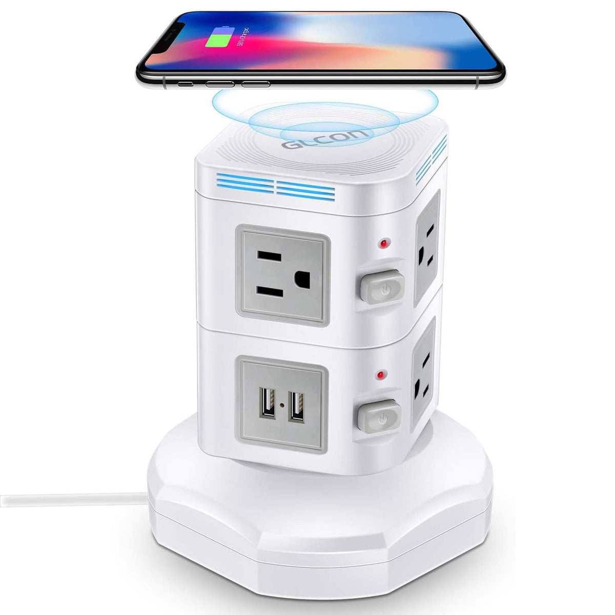 Power Strip Tower With 15W Fast Wireless Charger, Odom 1800J Surge Protector, 6 Ac Outlets+4 Usb Ports+6 Ft Retractable Extensio