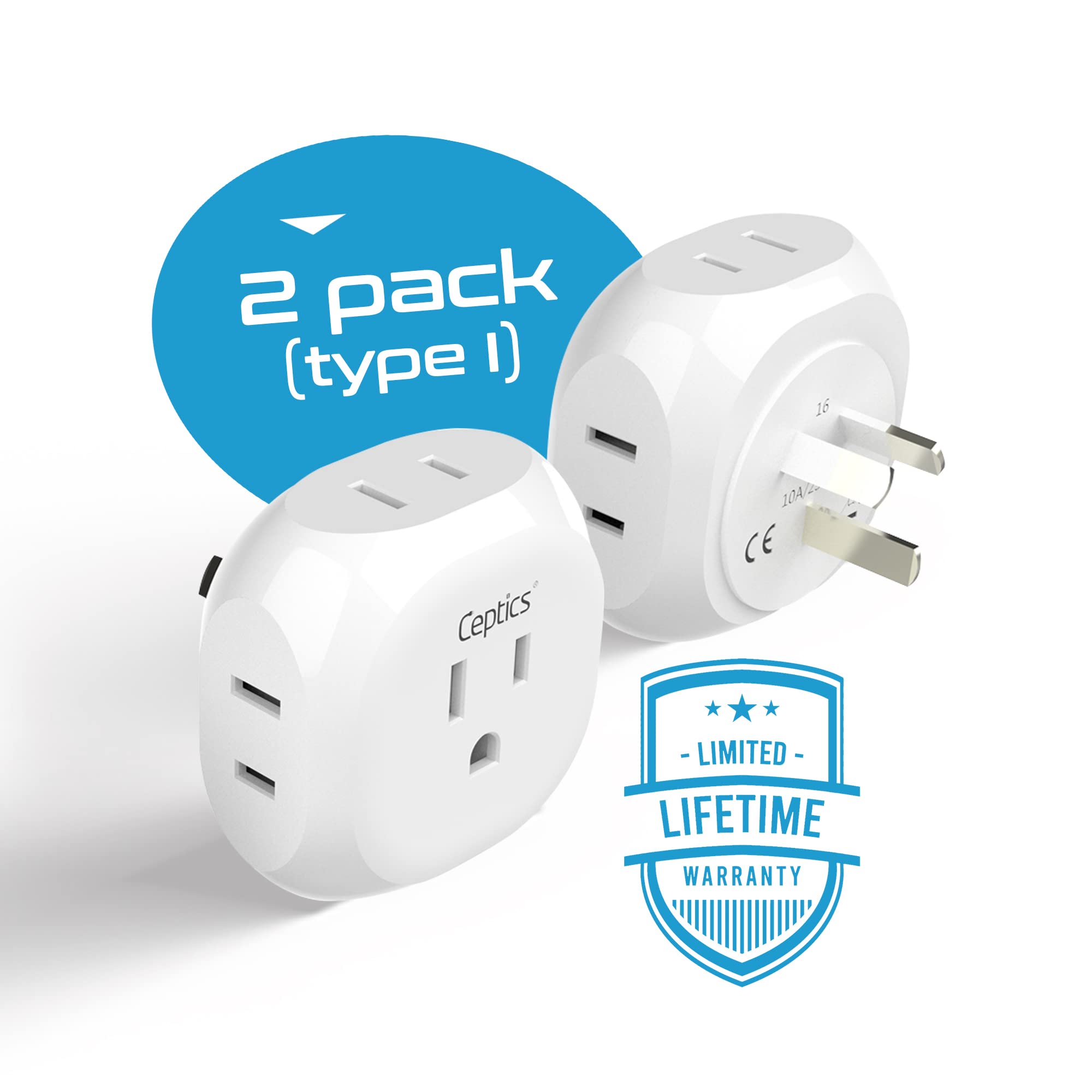 Ceptics Travel Plug Adapter 4 Input USA to Australia New Zealand China Type I PT-16 White