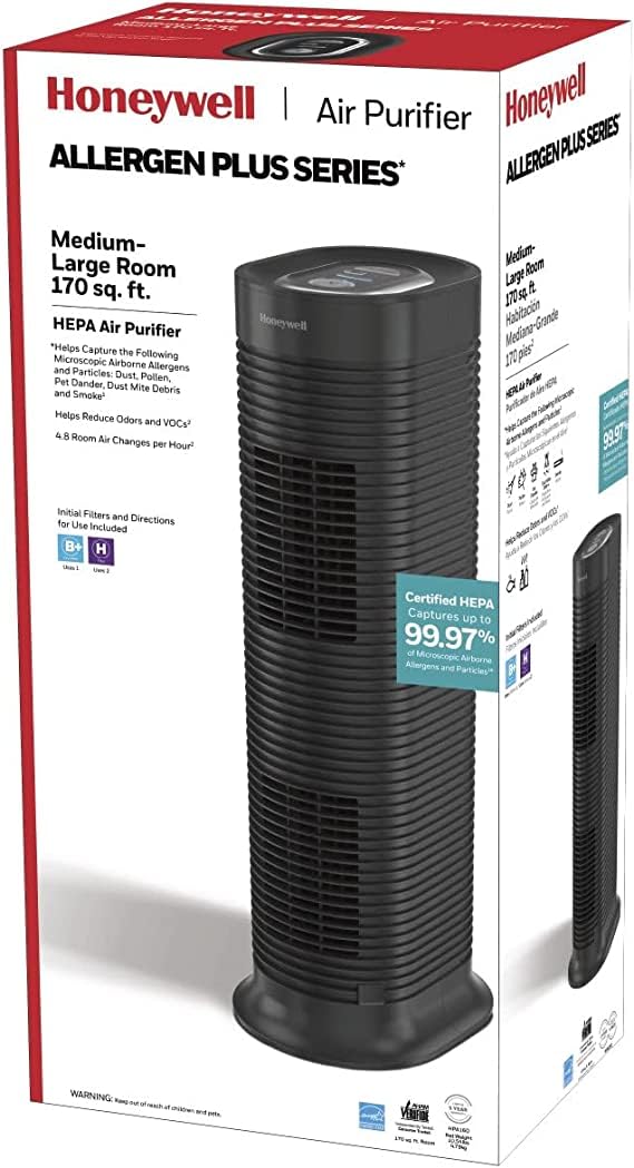 Honeywell Allergenplus Hepa Tower Air Purifier, Allergen Reducer For Medium Large Rooms (170 Sq Ft), Black   Wildfire/Smoke, Pol