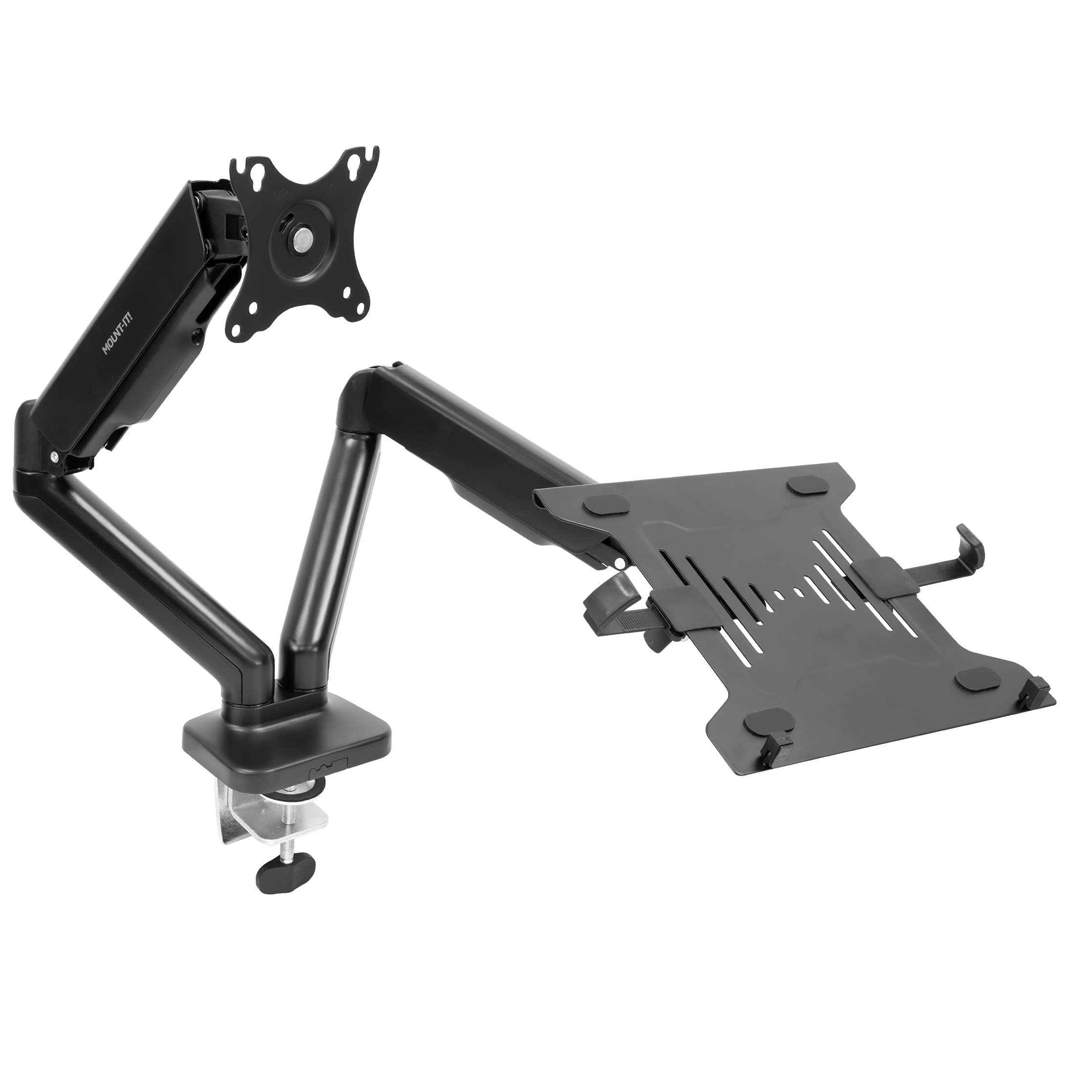 Mount It! Laptop and Monitor Desk Stand   Full Motion Laptop Arm Stand   Ergonomic Adjustable Monitor Mount   VESA Monitor Desk Mount with Laptop Tray