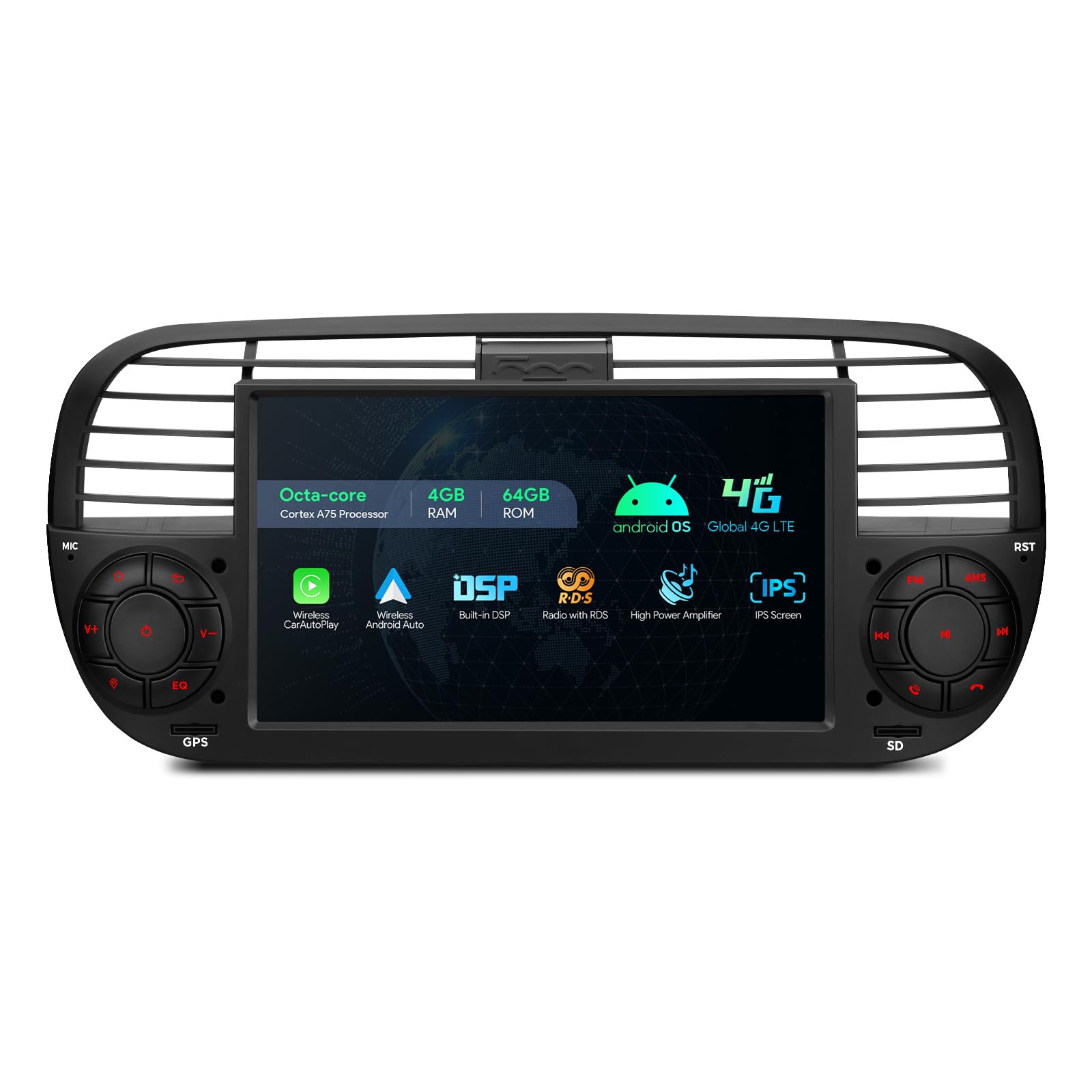 Xtrons Single Din Car Stereo For Fiat 500, Android 13 Octa Core 4Gb Ram 64Gb Rom Car Radio Player, 7 Inch Ips Touch Screen Gps N