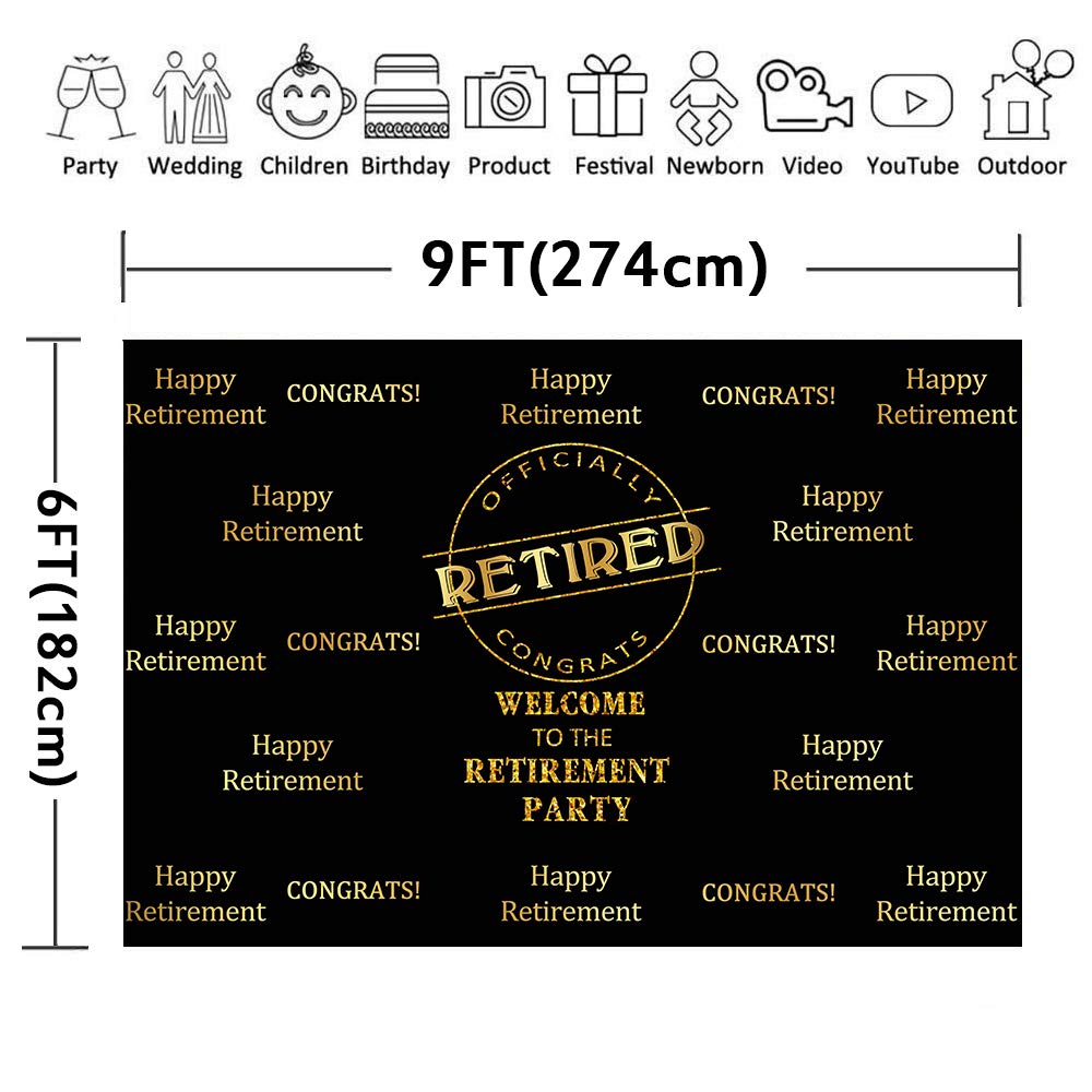 Officially Retired Black Golden Banner Backdrop For Photography, 9X6Ft, Happy Retirement Party Background, Photo Booth Studio Pr