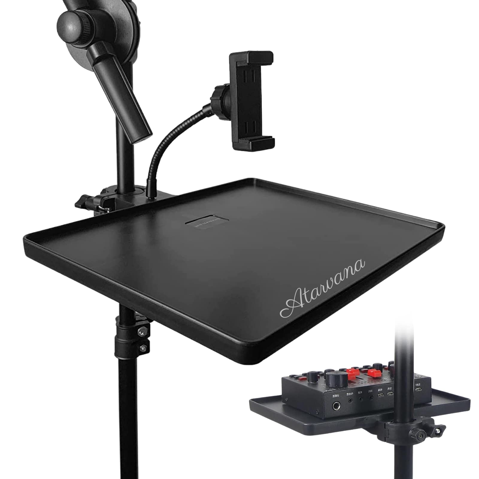 Universal Microphone Stand Tray With Phone Holder, Mic Stand Clamp On Utility Shelf Rack Tray Holder For Music Sheet, Live Strea