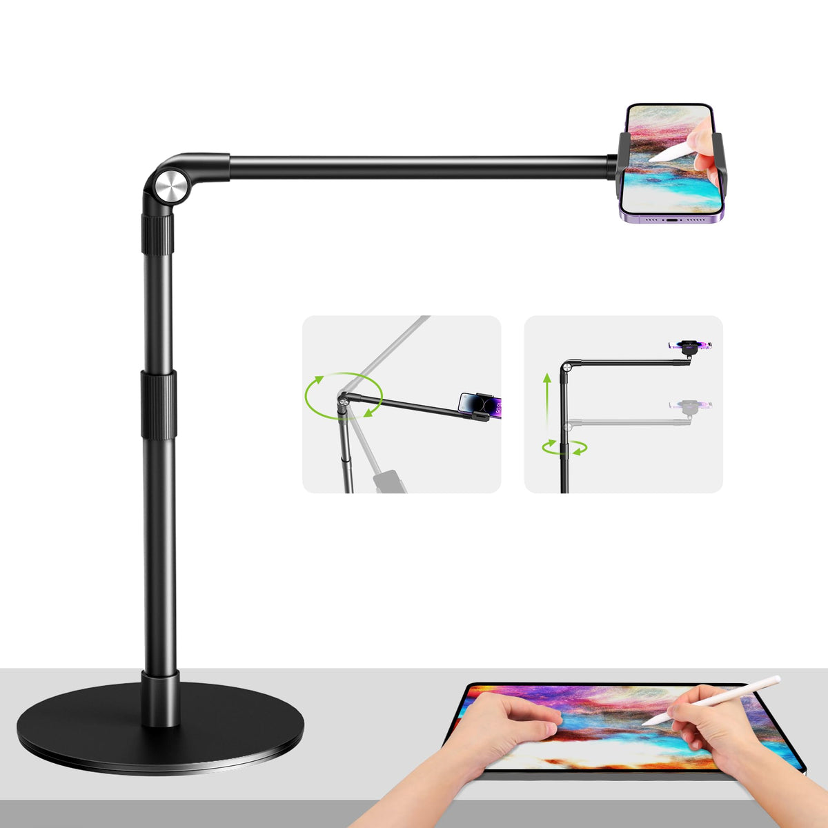 Elitehood Heavy Duty Aluminum Overhead Phone Stand, 15 In Long Arm Iphone Holder For Video Recording, 360 Degrees Swivel Tilt Ov