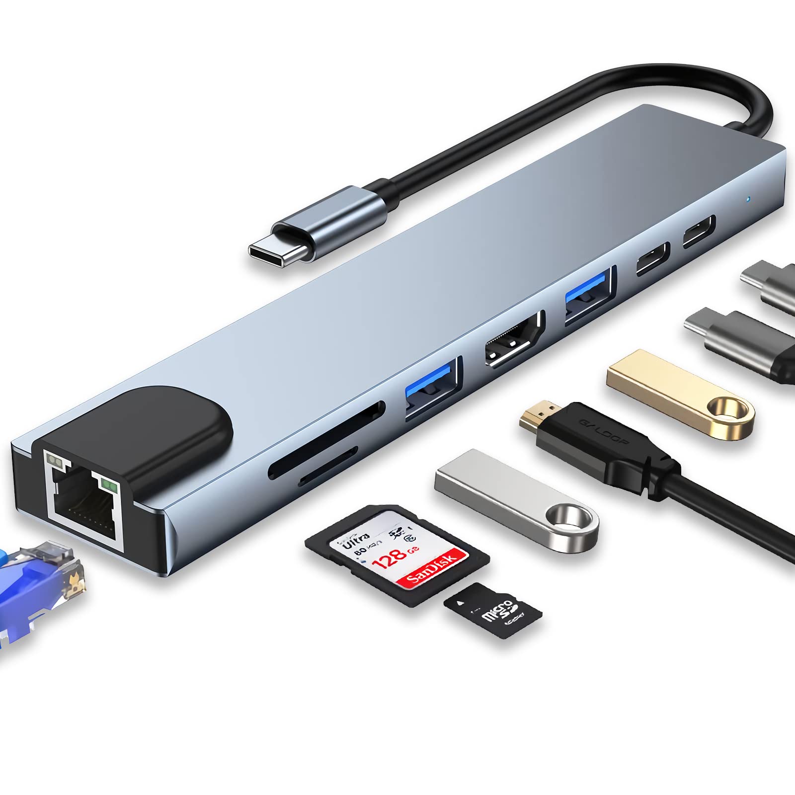 Usb C Hub, 8 In 1 Usb C Adapter With 4K Hdmi, 100W Pd, Usb C Port, Usb 3.0, Rj45 Ethernet, Sd/Tf Card Reader, Docking Station Co