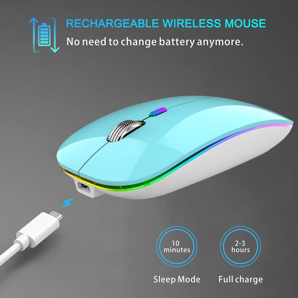 Tenmos Wireless Bluetooth Mouse, Led Slim (Bluetooth 5.1 + Usb) 2.4Ghz Rechargeable Silent Bluetooth Wireless Mouse With Type C Adapter For Laptop/Macbook/Ipad Os 13 And Above (Blue)