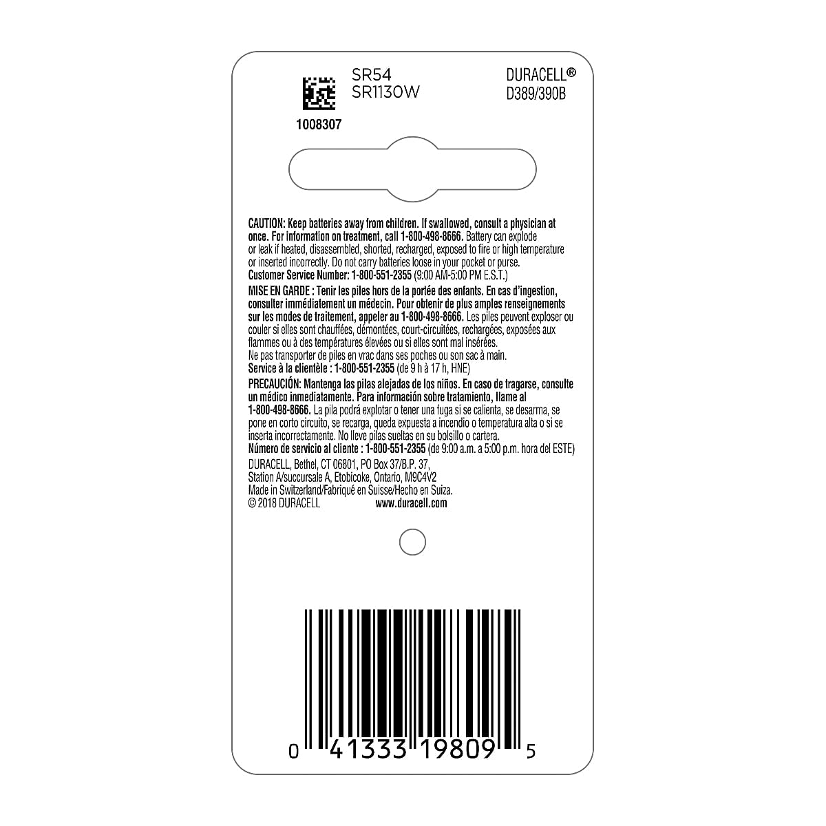 Duracell 389/390 Silver Oxide Button Battery 1 Count (Durmnd389Bpk)