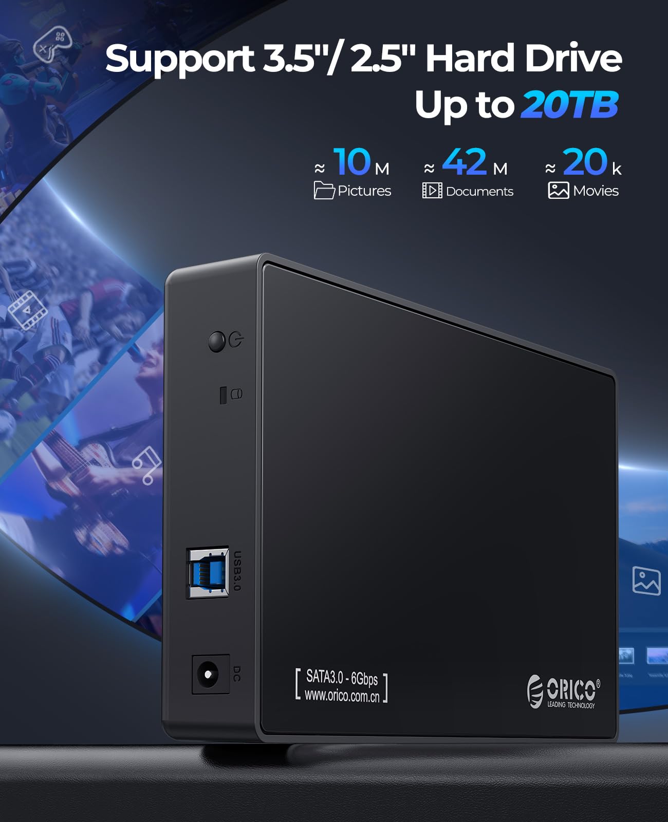ORICO USB 3.0 External Hard Drive Enclosure for 3.5/2.5 Inch SATA Hard Drives/SSD Up to 20 TB, 3.5'' Tool Free HDD Enclosure with 12V/2A Power Supply and UASP Acceleration (3588US3)