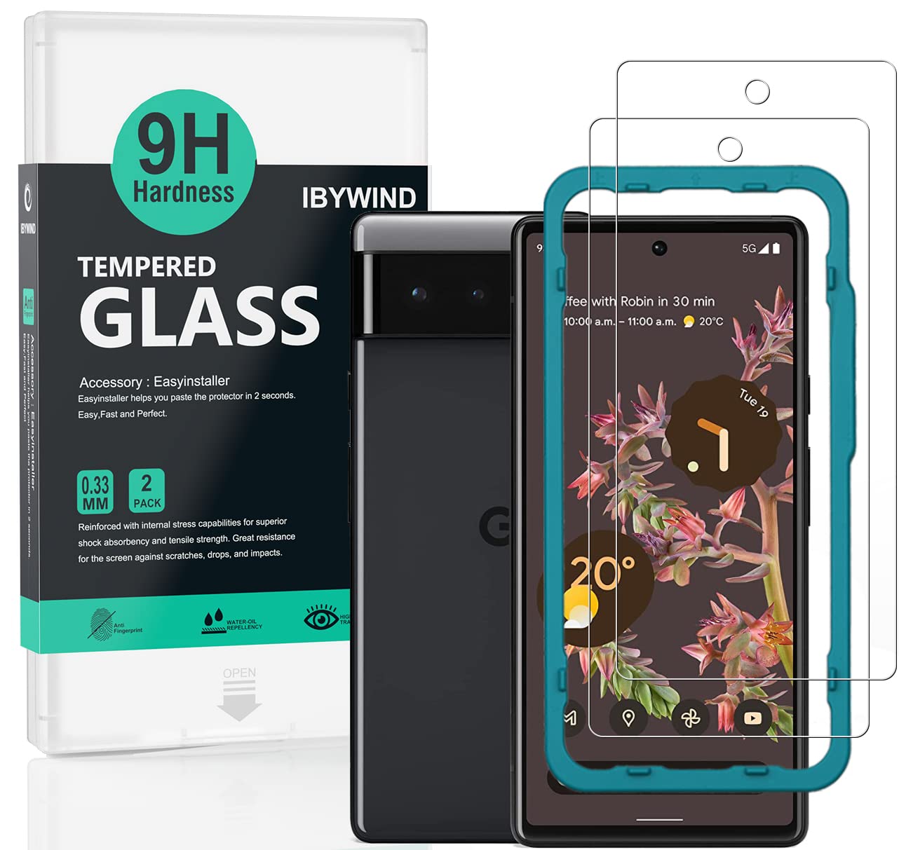 Ibywind Screen Protector For Google Pixel 6,With 2Pcs Tempered Glass,1Pc Easy Installation Frame[Fingerprint Reader,Easy To Inst