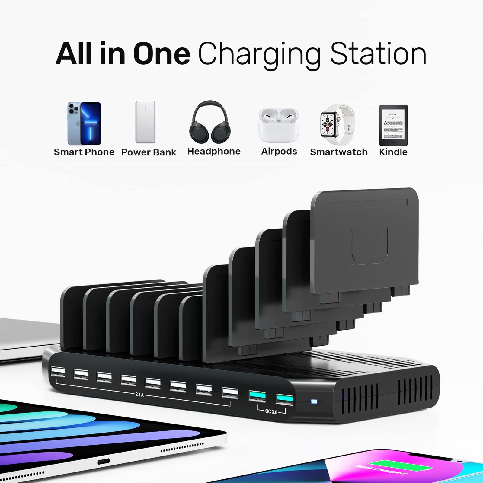 Unitek Usb Charging Station For Multiple Devices, Charger Organizer Stand Dock With Dividers, Quick Charge 3.0 Compatible For Sm