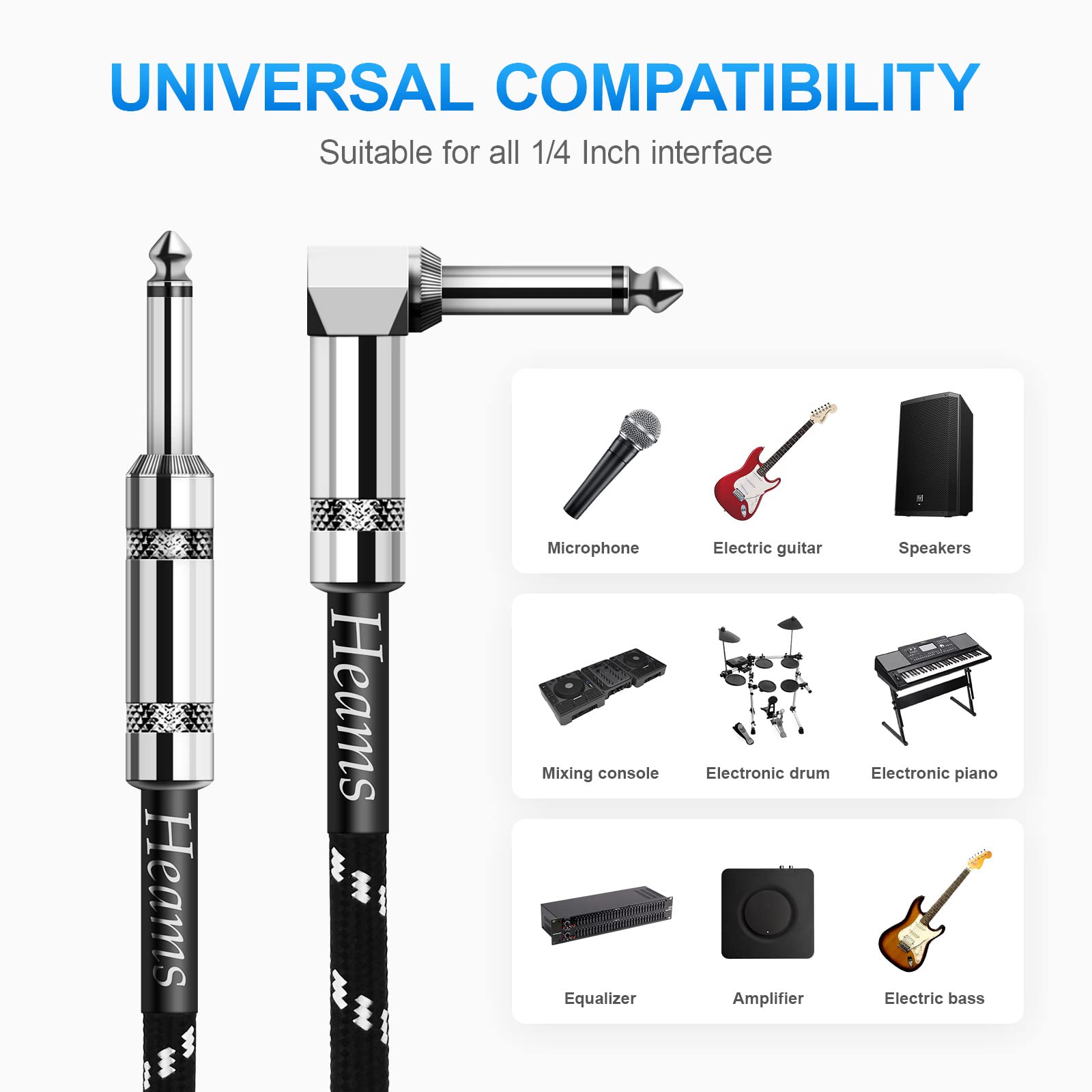 Heams 15FT Guitar Cable - 1/4 Inch Noise-Free Instrument Cable for Electric Guitar, Bass, Mandolin - Black White Right Angle AMP Cord