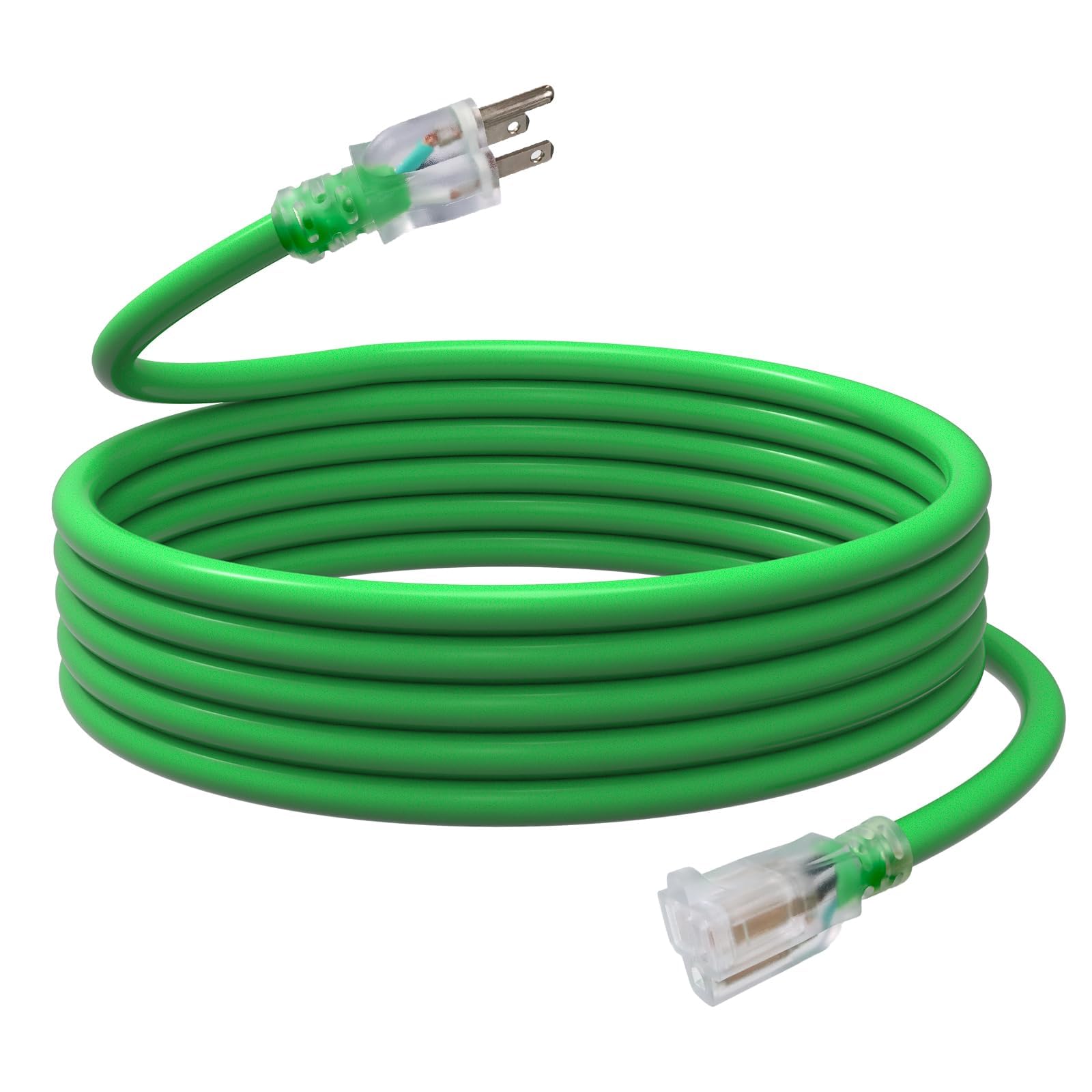 Ep 15 Ft Outdoor Extension Cord, 12/3 Sjtw Heavy Duty Waterproof Power Cable, 3 Prong Grounded Plug, Lighted End, For Lawn, Gard