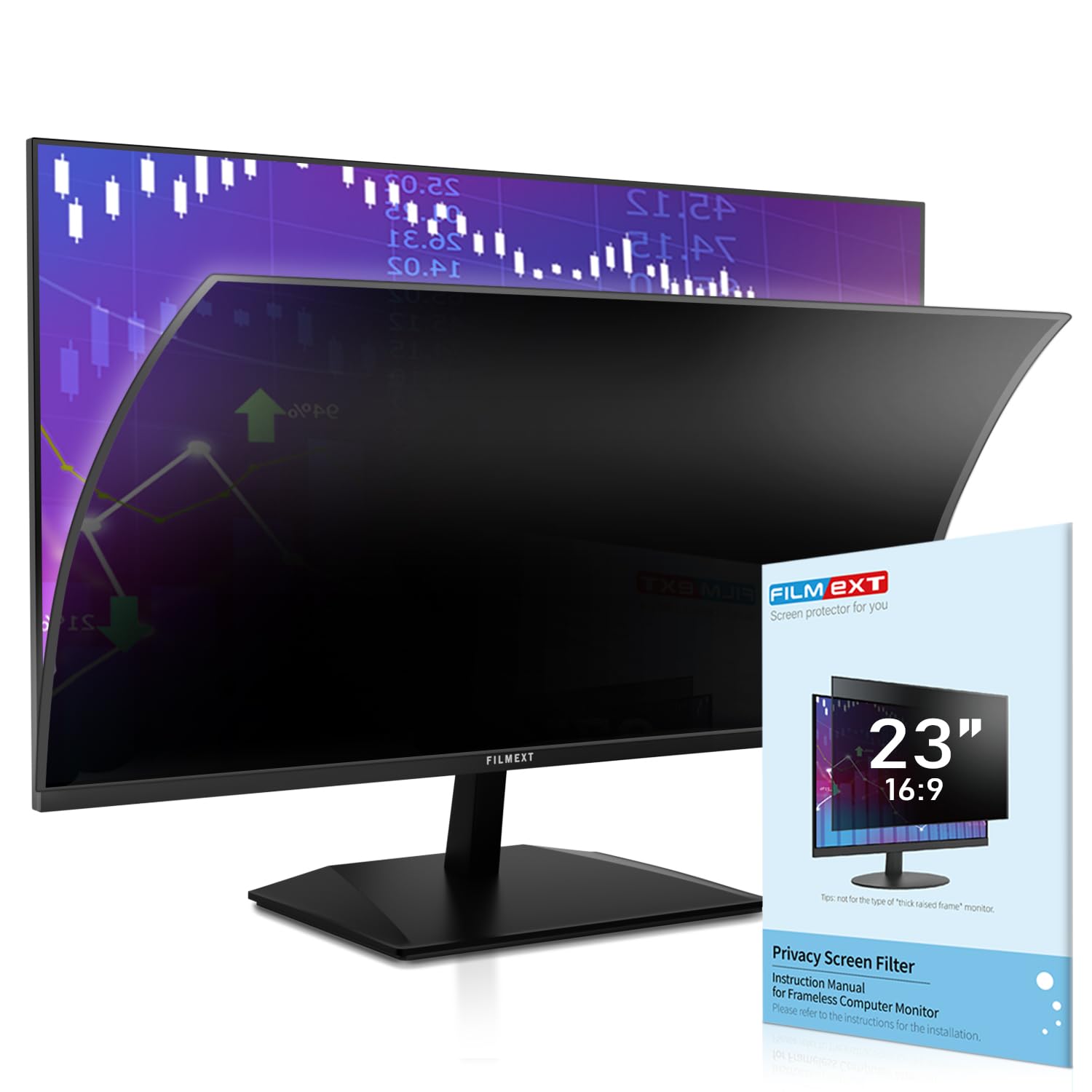 Filmext [2023 Upgrade Computer Privacy Screen Shield For 23 Inch 16:9 Frameless Monitor, Anti Spy Blue Light Filter, Bubble Free