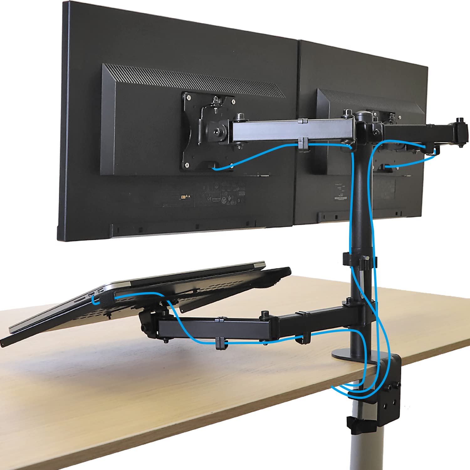 Aeons Dual Monitor And Laptop Desk Mount Combo Stand With Notebook Tray Fits 17 Inch, 3 In 1 Adjustable Triple Arm Mount Fits 27 Inch Lcd Screen With Vesa, Clamp And Cable Management, Black