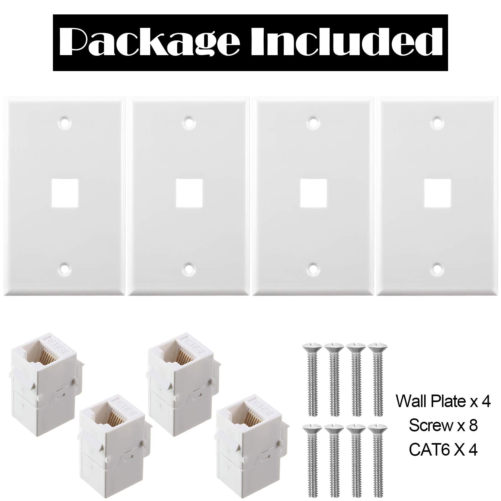 4 Pack Ethernet Wall Plate With Single Port, Rj45 Cat6 Female To Female Jack Inline Coupler Plates Ethernet Cable Faceplates (Wh