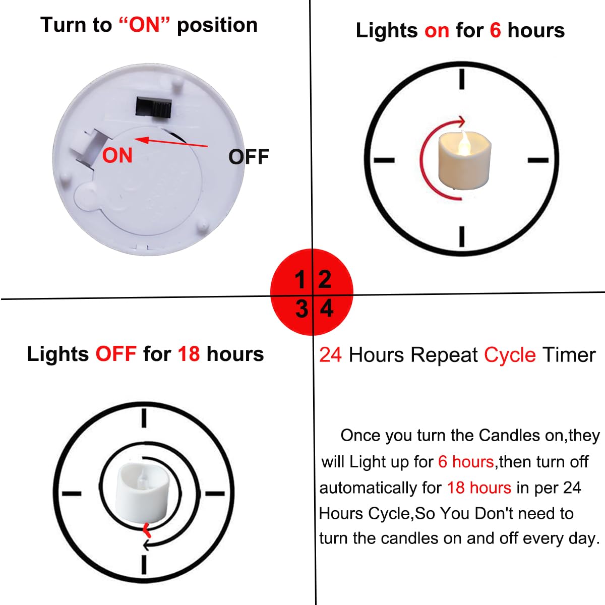 Anziner Flickering Flameless Led Tealight Candles With Timer, 6 Hours On And 18 Hours Off In 24 Hours Cycle Automatically Batter
