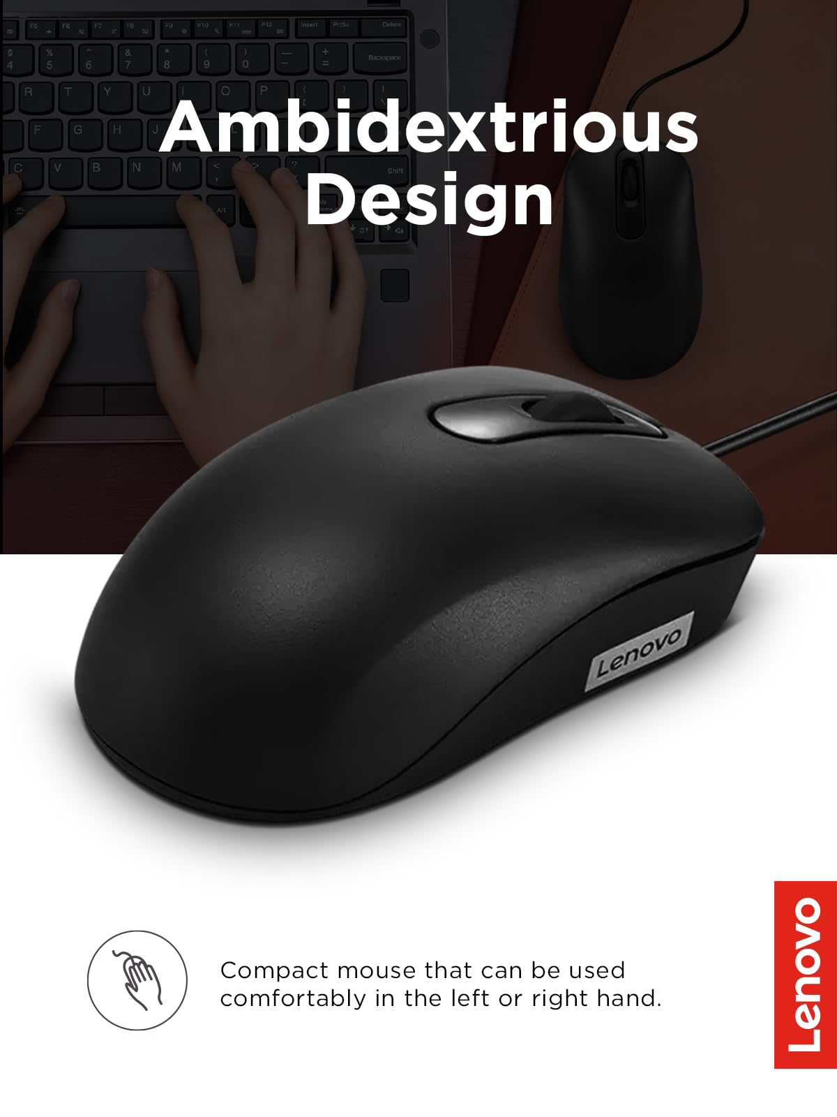 Lenovo 100 Wired Usb Computer Mouse For Pc, Laptop, Computer With Windows - Full-Size - Ambidextrous Design - 3 Buttons - Red Op