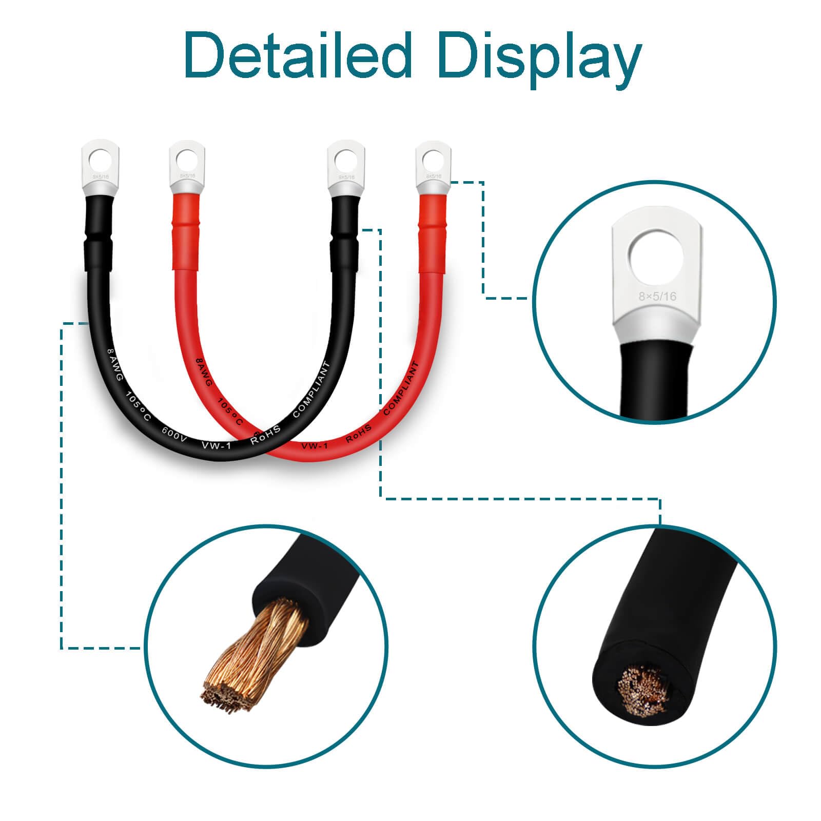Qiatol Copper Battery Cables With Terminals, 4Pcs (1Ft), 8 Awg, Pvc Insulated, Automotive, Outdoor, Solar, Marine