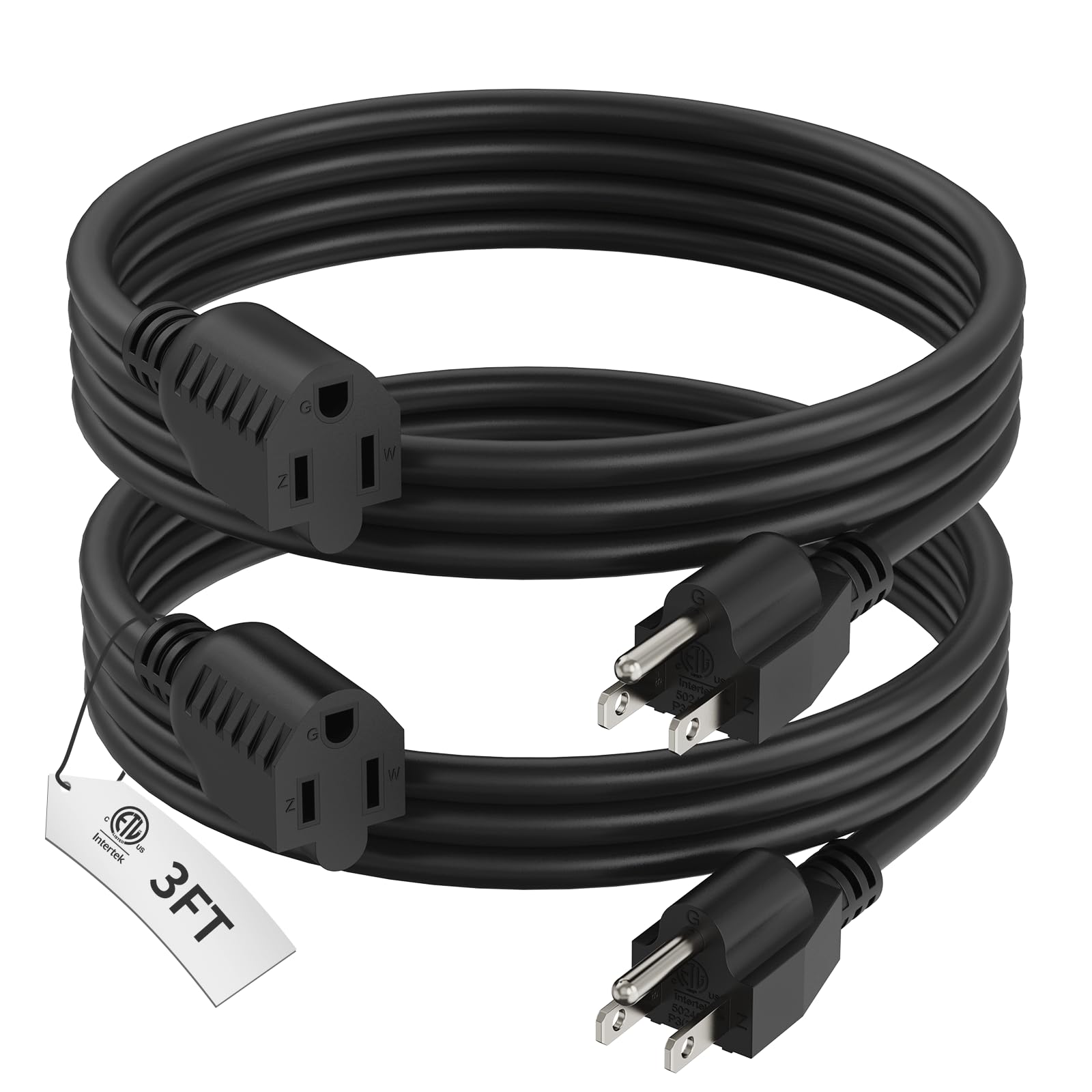 Plugtul 3 Ft Extension Cord Black, 2 Pack Short Power Cord, Indoor/Outdoor 16 Gauge 3 Prong Grounded Wire Etl Listed, 13A 1625W